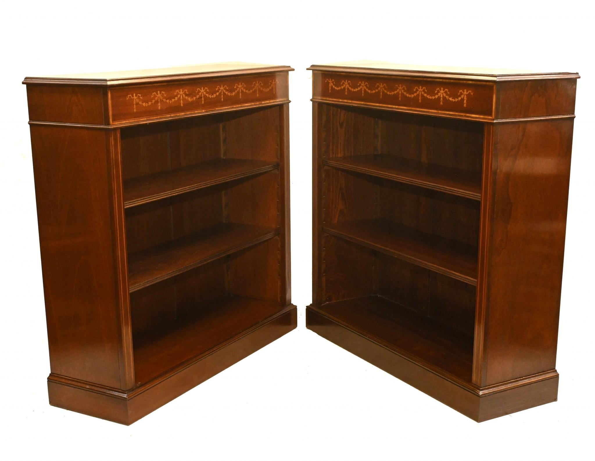 Viewings possible in our Hertfordshire warehouse - please contact for an appointment
Gorgeous pair of English Sheraton style low openfront bookcases hand crafted from mahogany
Hand crafted in England to centuries old traditions - will last for