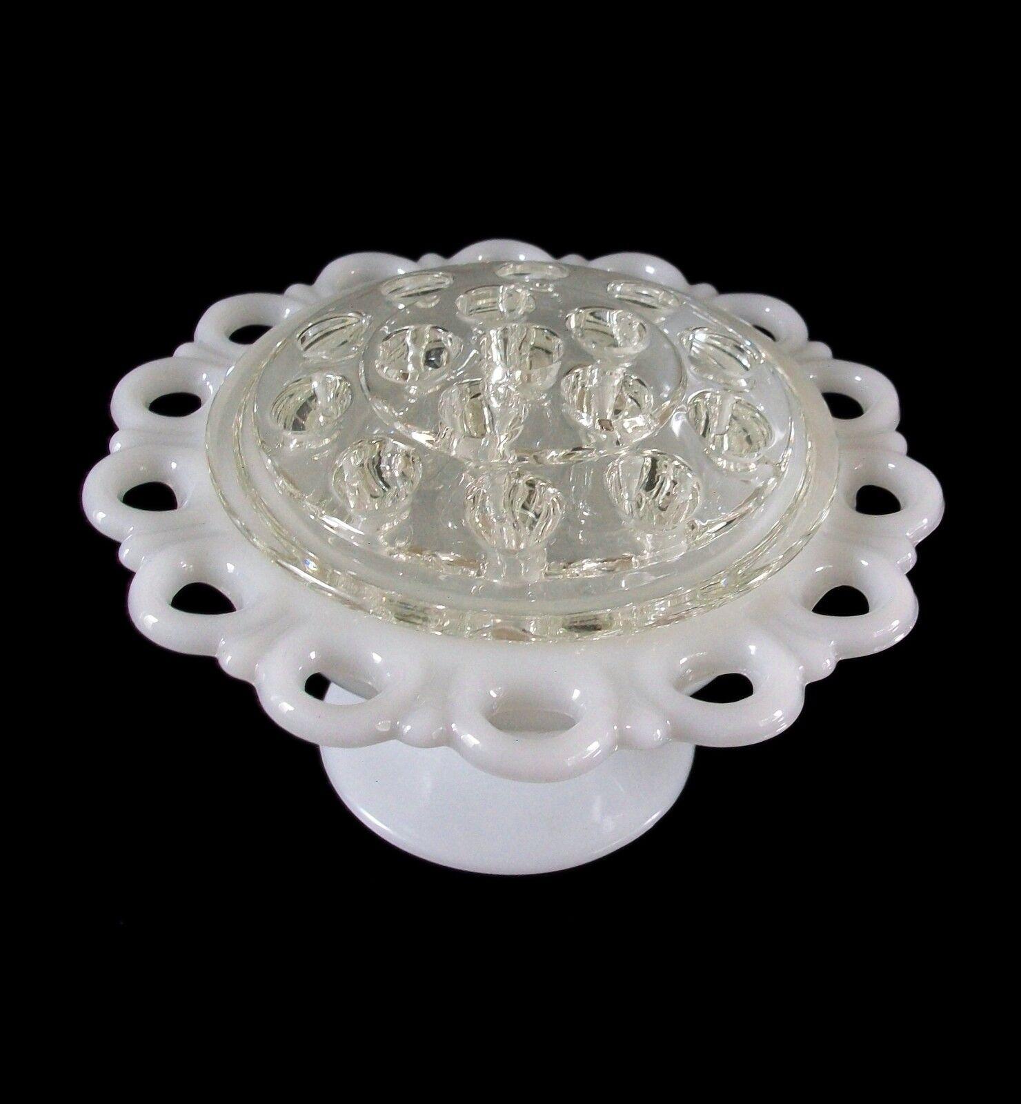 Pair Open Lace Milk Glass Rose Bowls with Clear Frogs, U.S., Mid 20th Century 4