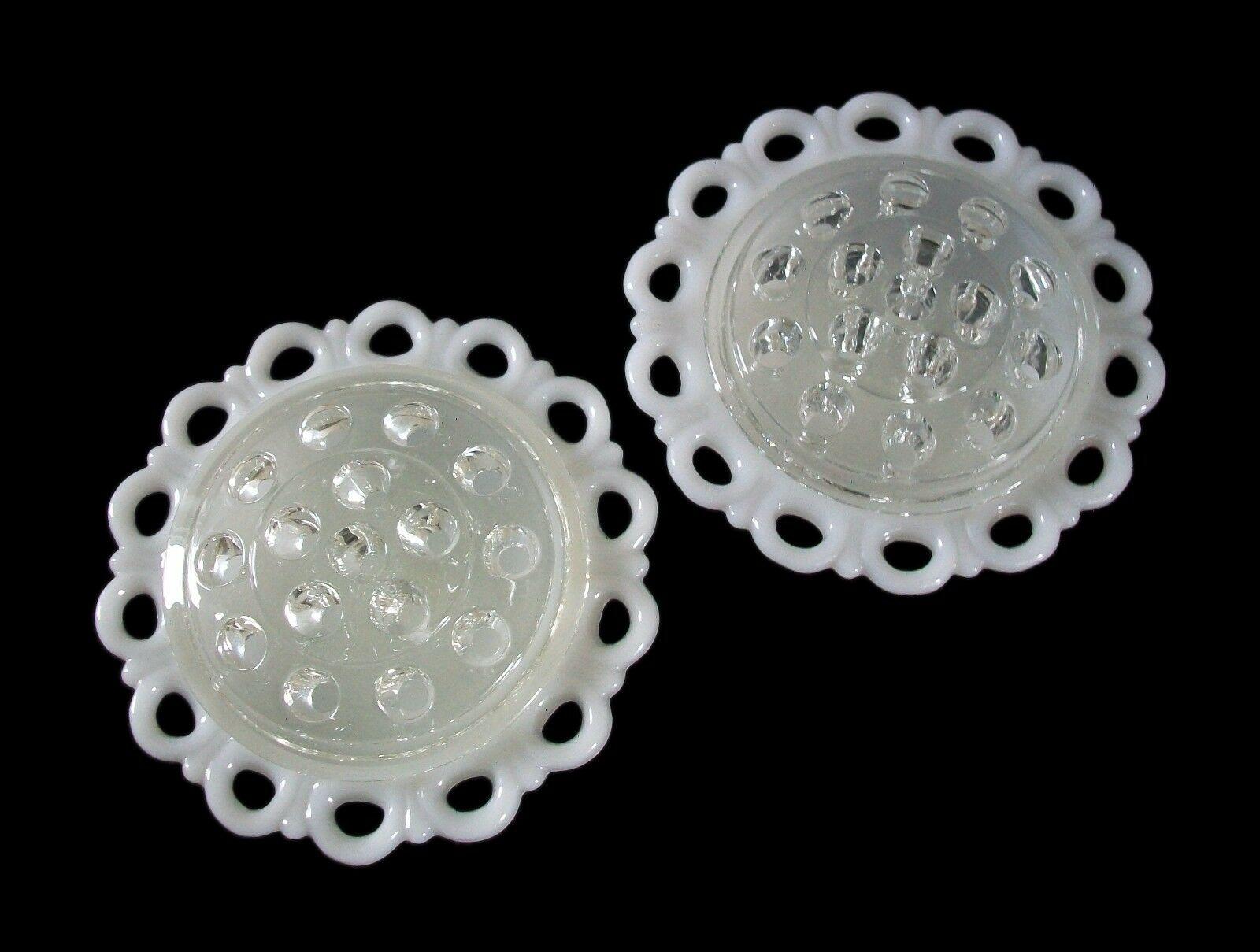 Mid-Century Modern Pair Open Lace Milk Glass Rose Bowls with Clear Frogs, U.S., Mid 20th Century