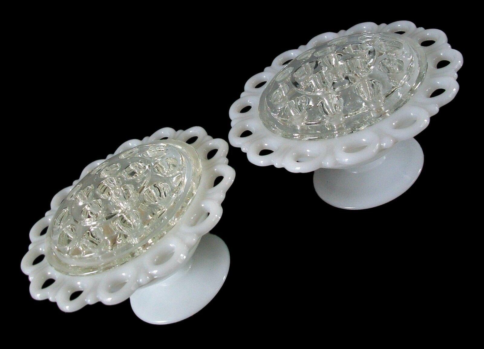 American Pair Open Lace Milk Glass Rose Bowls with Clear Frogs, U.S., Mid 20th Century