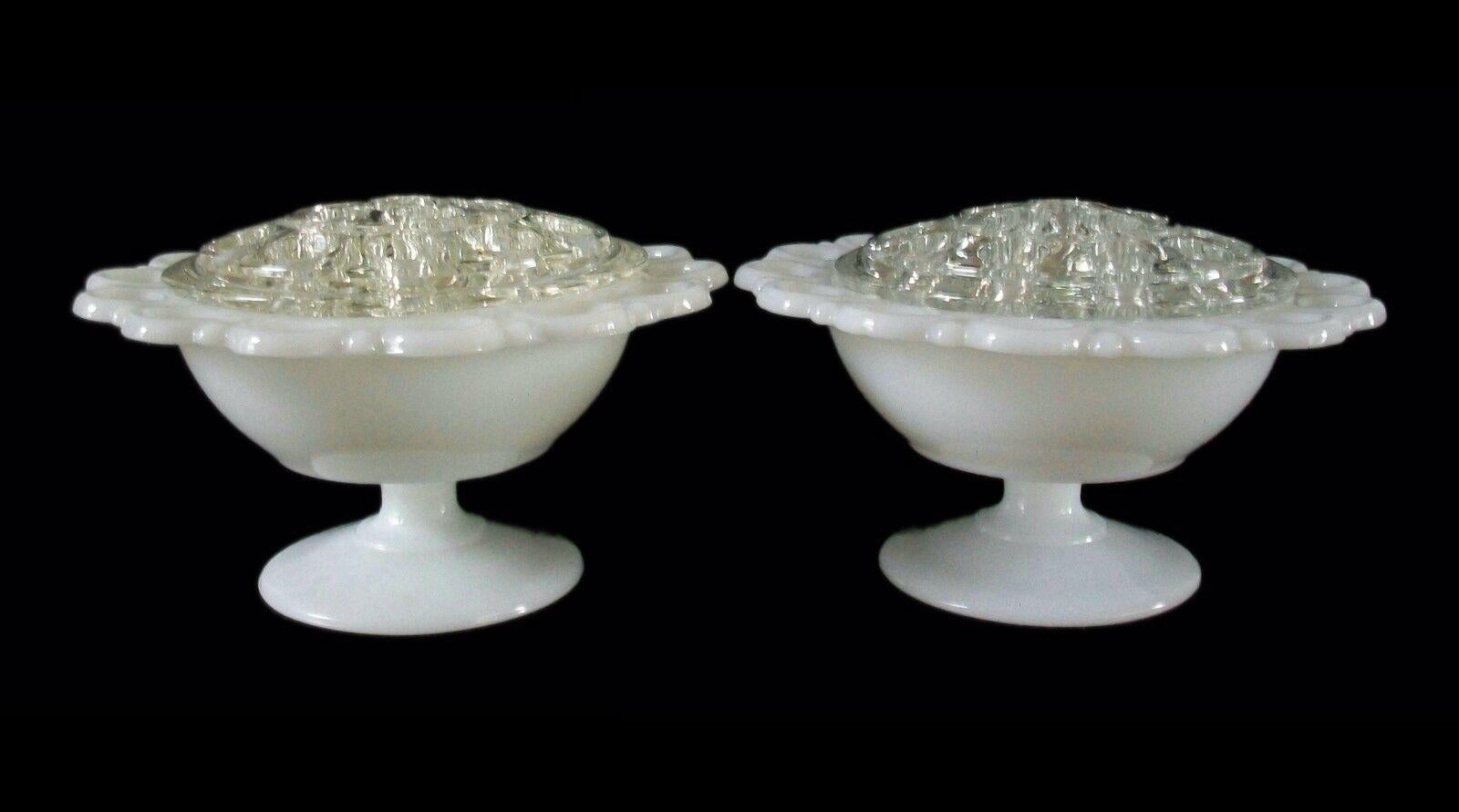 Molded Pair Open Lace Milk Glass Rose Bowls with Clear Frogs, U.S., Mid 20th Century