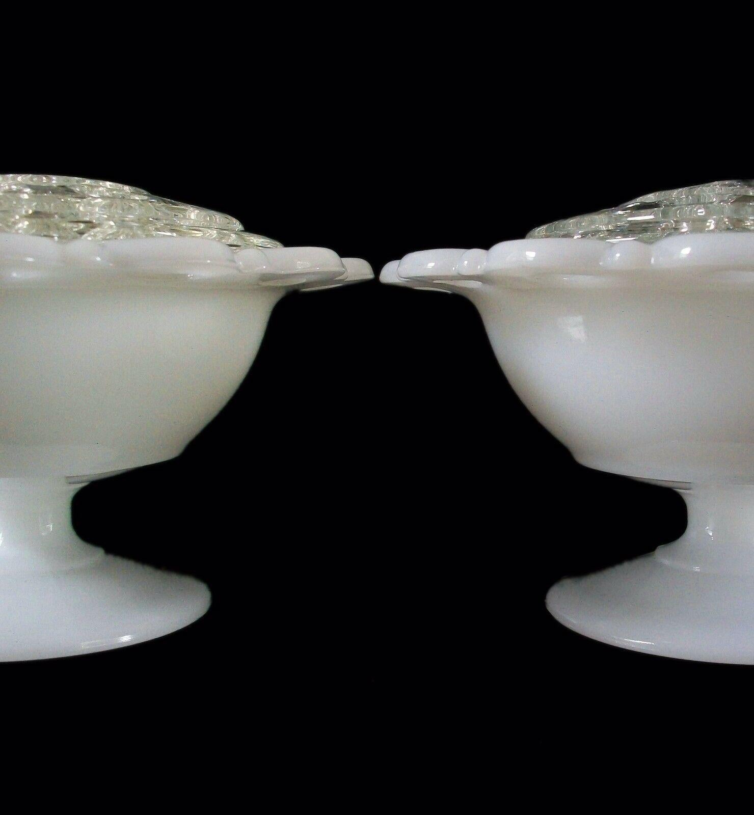 Pair Open Lace Milk Glass Rose Bowls with Clear Frogs, U.S., Mid 20th Century In Good Condition In Chatham, ON