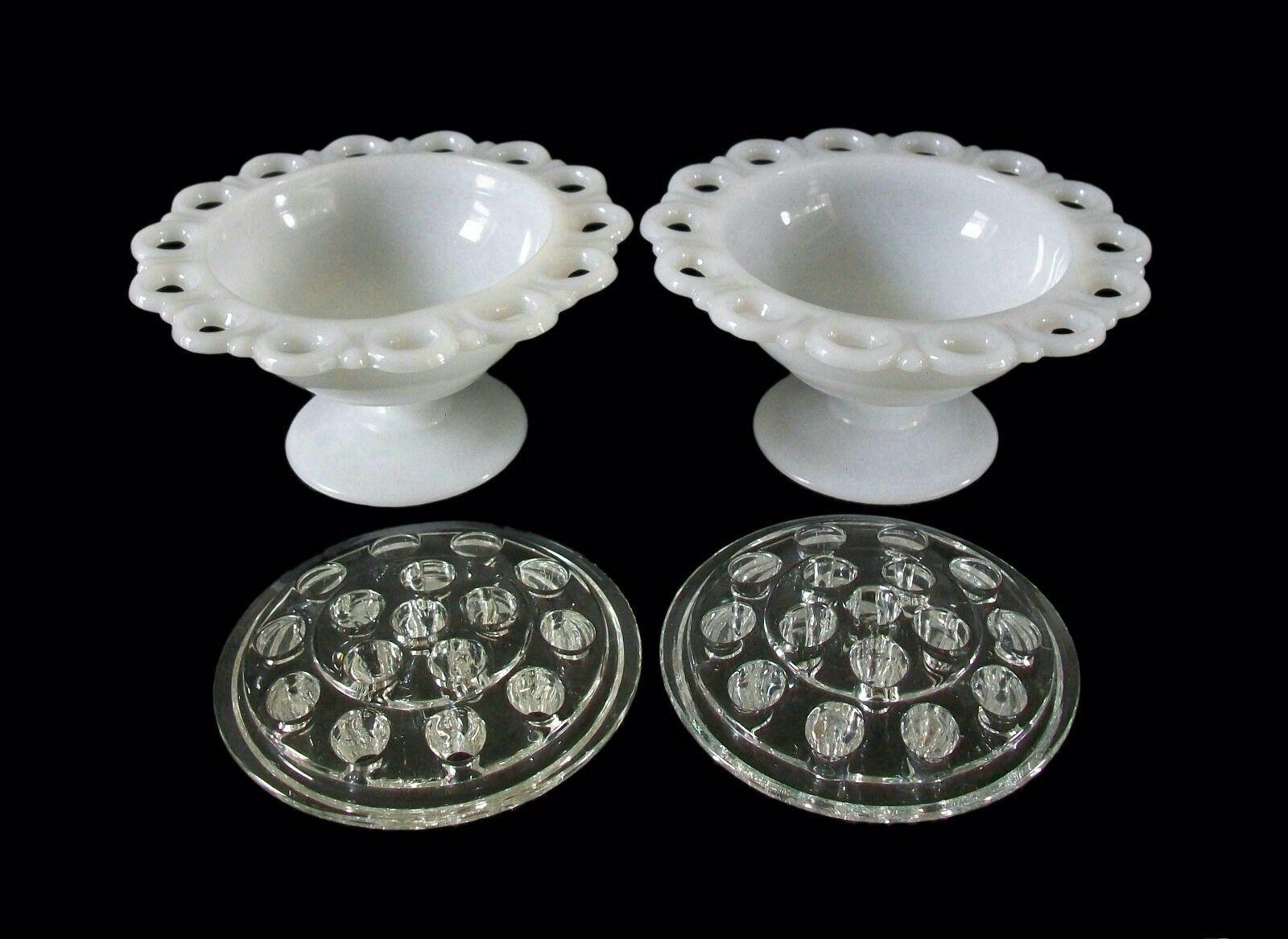 Pair Open Lace Milk Glass Rose Bowls with Clear Frogs, U.S., Mid 20th Century 1