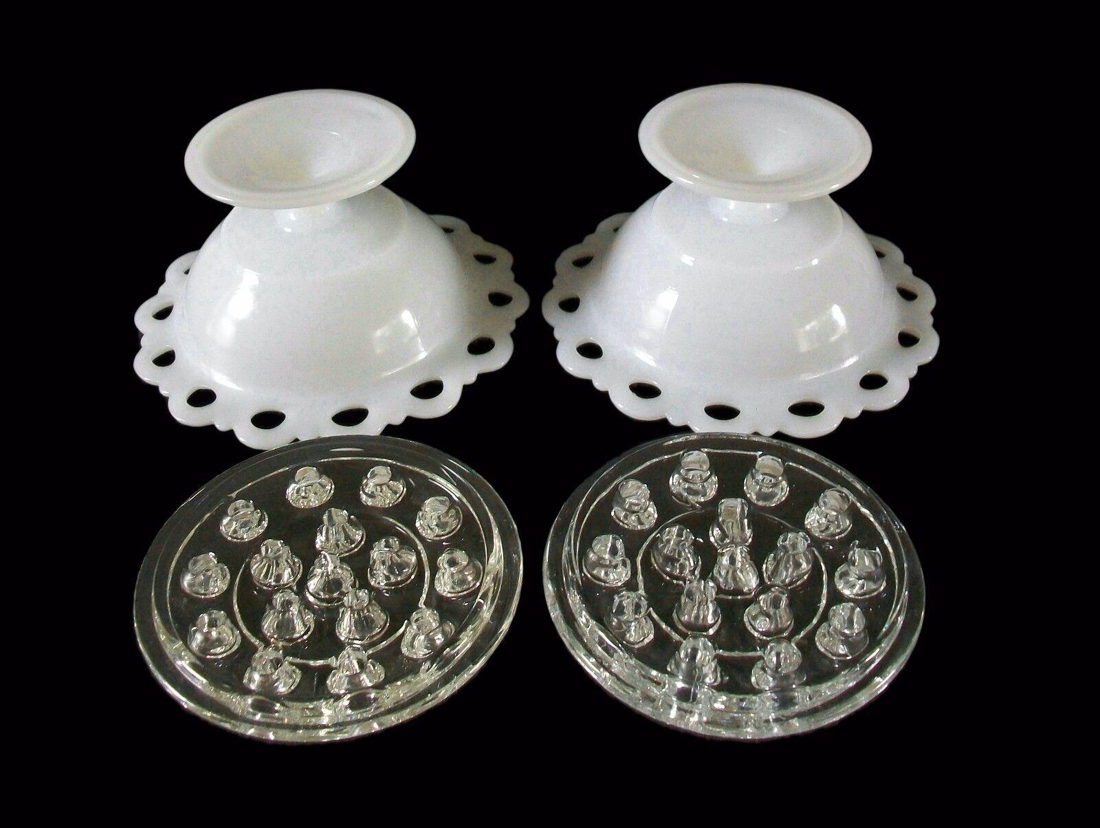 Pair Open Lace Milk Glass Rose Bowls with Clear Frogs, U.S., Mid 20th Century 2