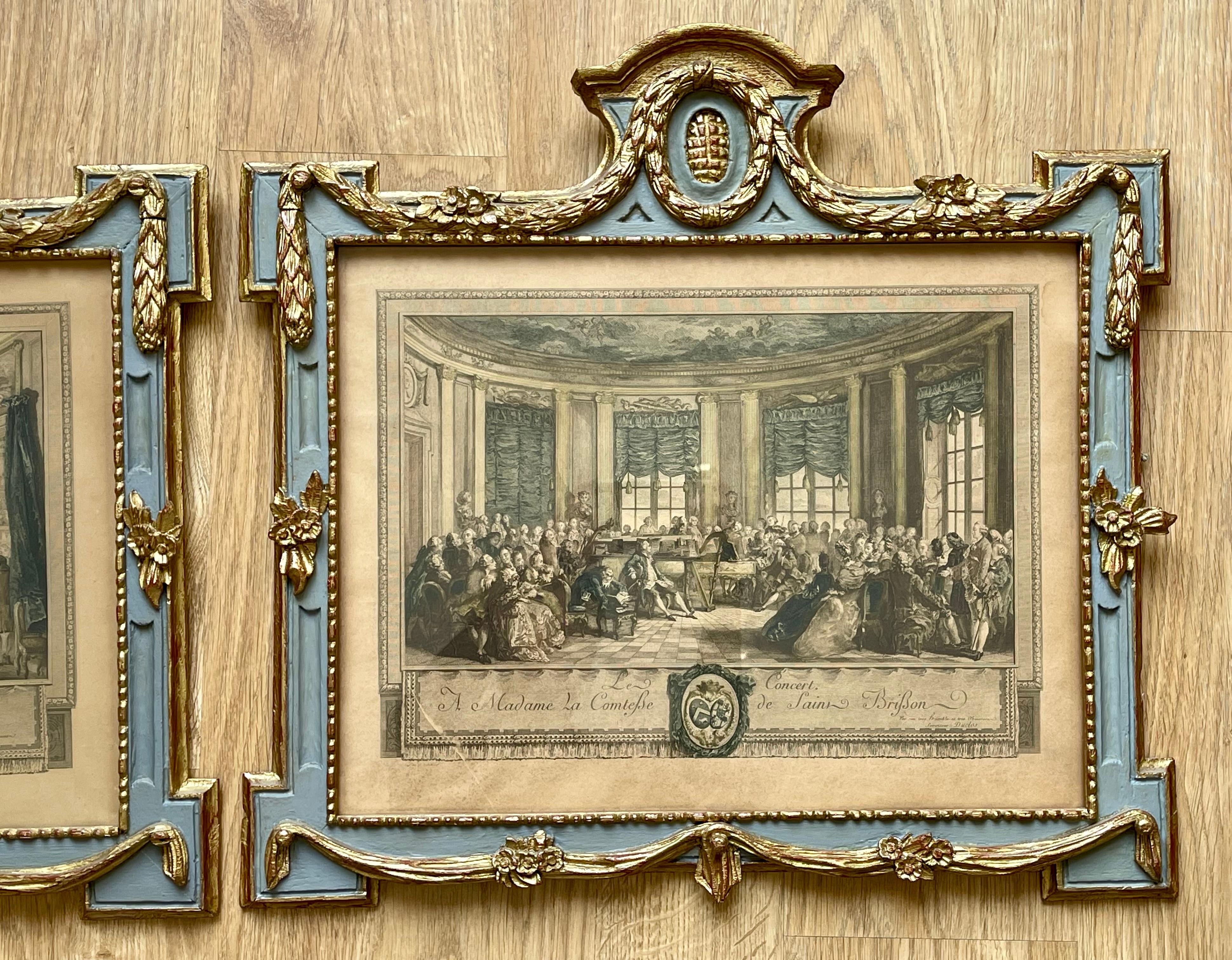 Lovely pair of Louis XVI style frames with pretty engravings depicting social ball scenes on the inside.