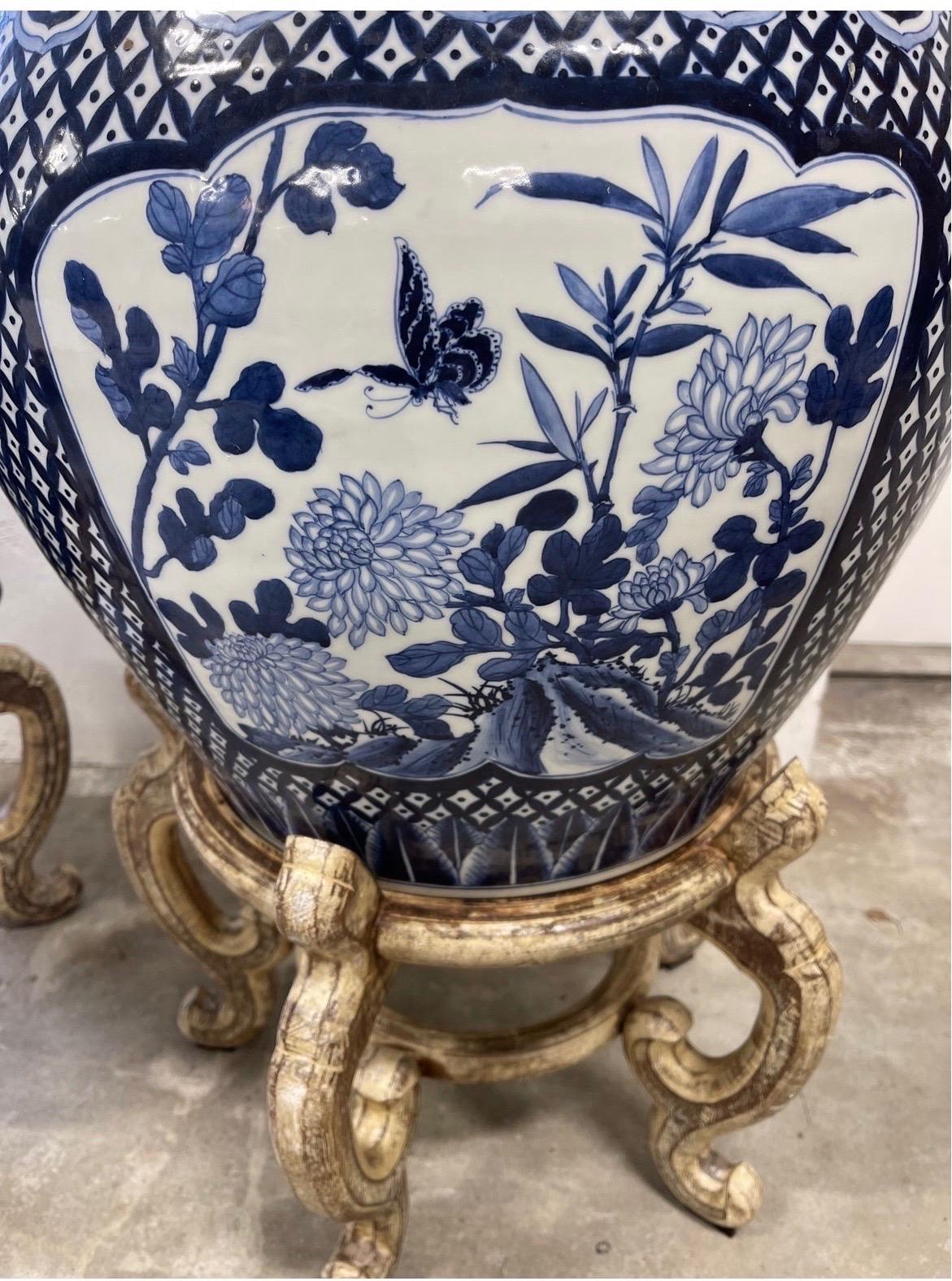 Pair, Opposing Chinese Export Style Blue and White Jardinieres on Stands In Good Condition In Atlanta, GA