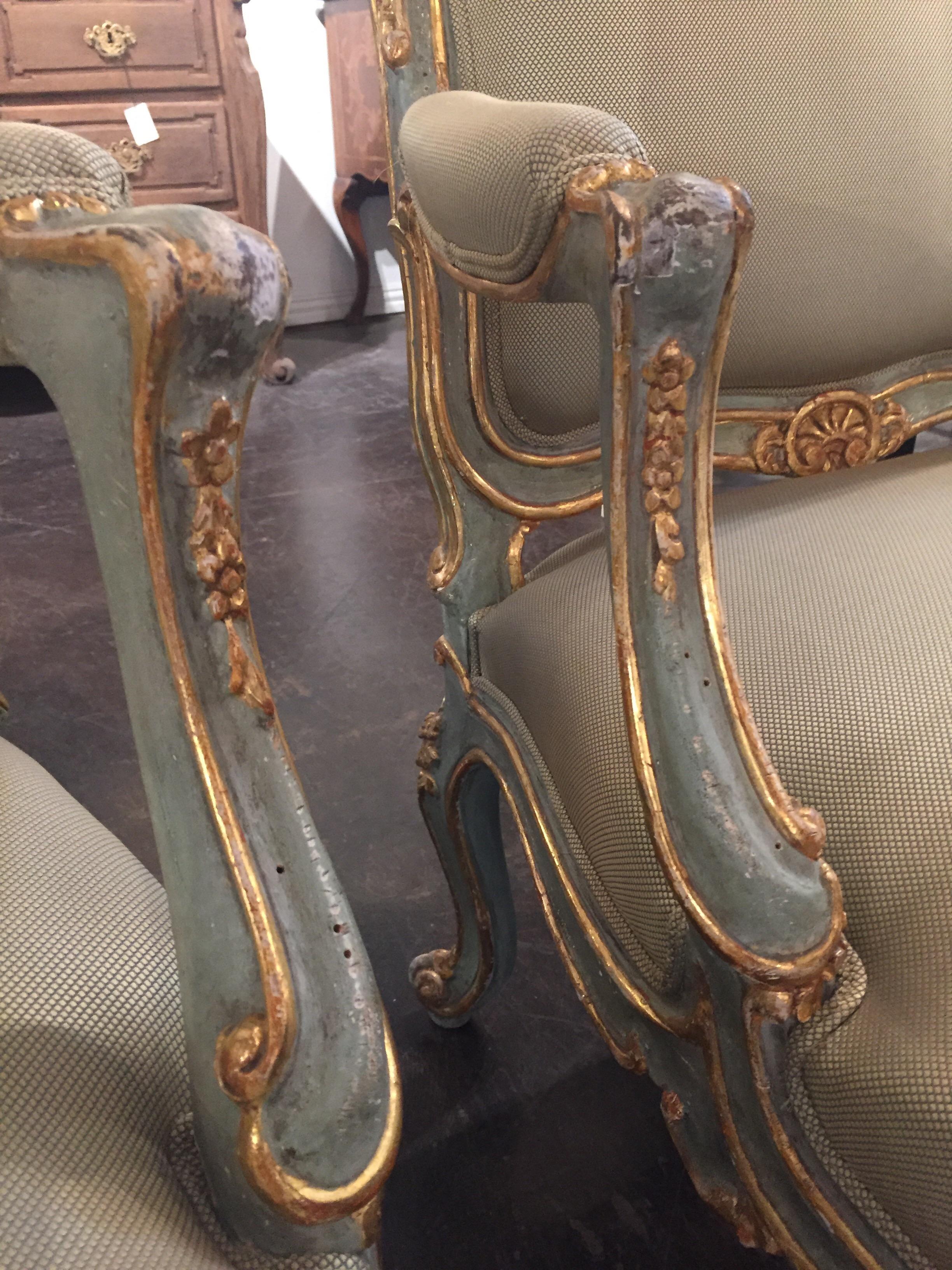 Wood Pair or 18th Century Louis XV Style Parcel Gilt Armchairs
