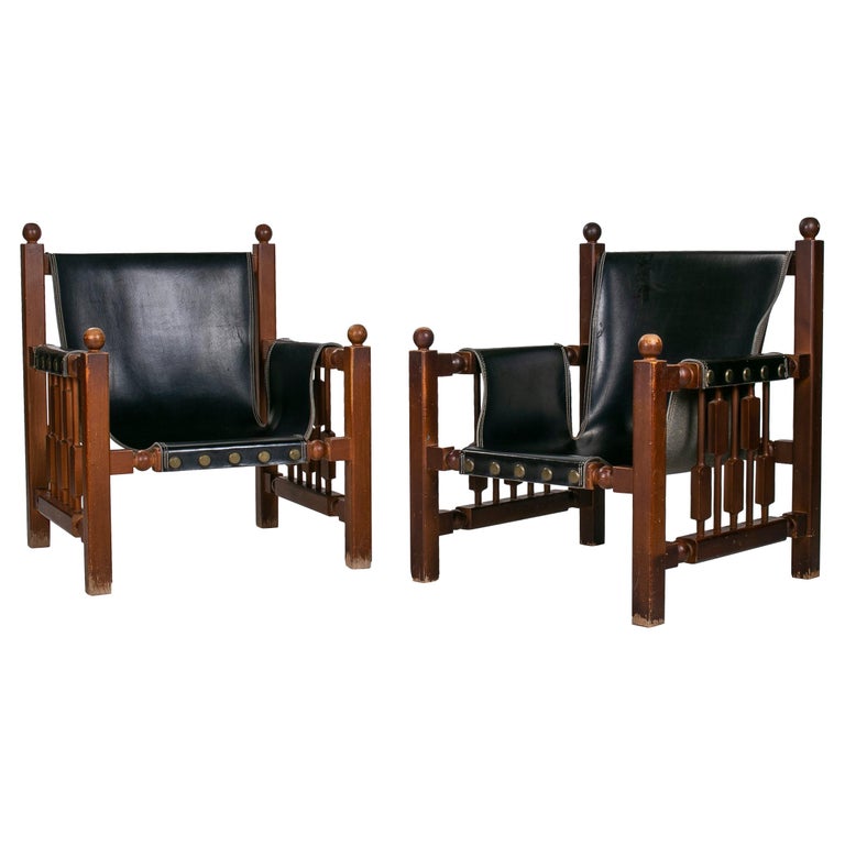 Pair or 1960s Paco Muñoz Designer Wood and Leather Armchairs For Sale ...