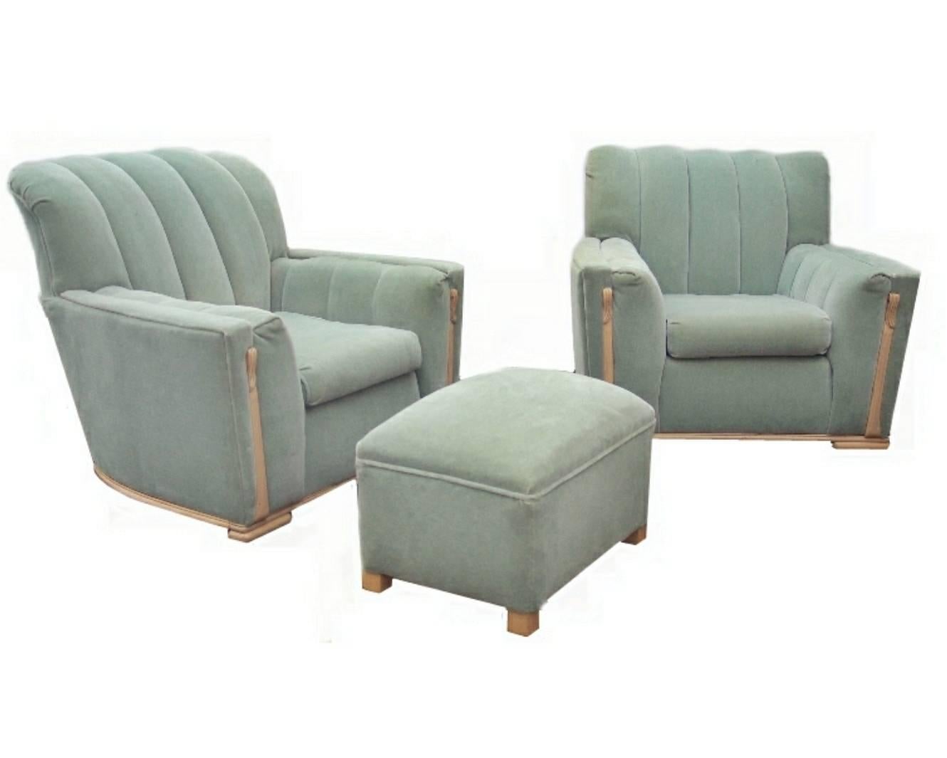 Other Pair or Art Deco Streamline Club Wood Trim Lounge Chairs and Ottoman