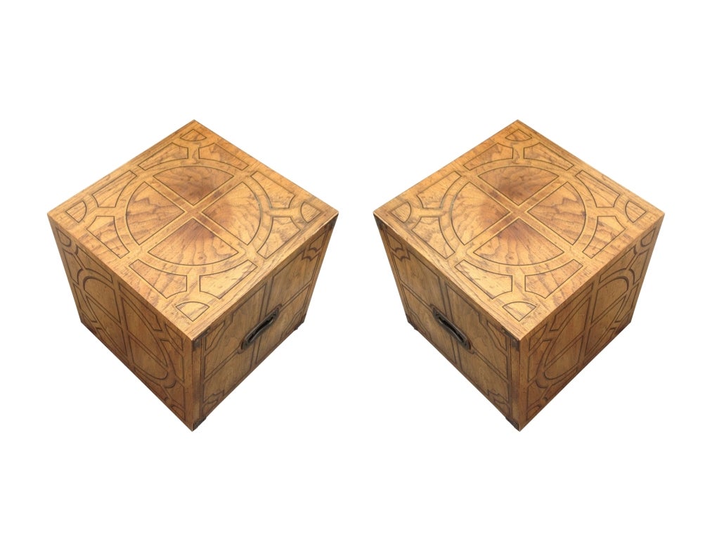 Mid-Century Modern Pair or Decorative Side Tables/Cubes with Geometric Design