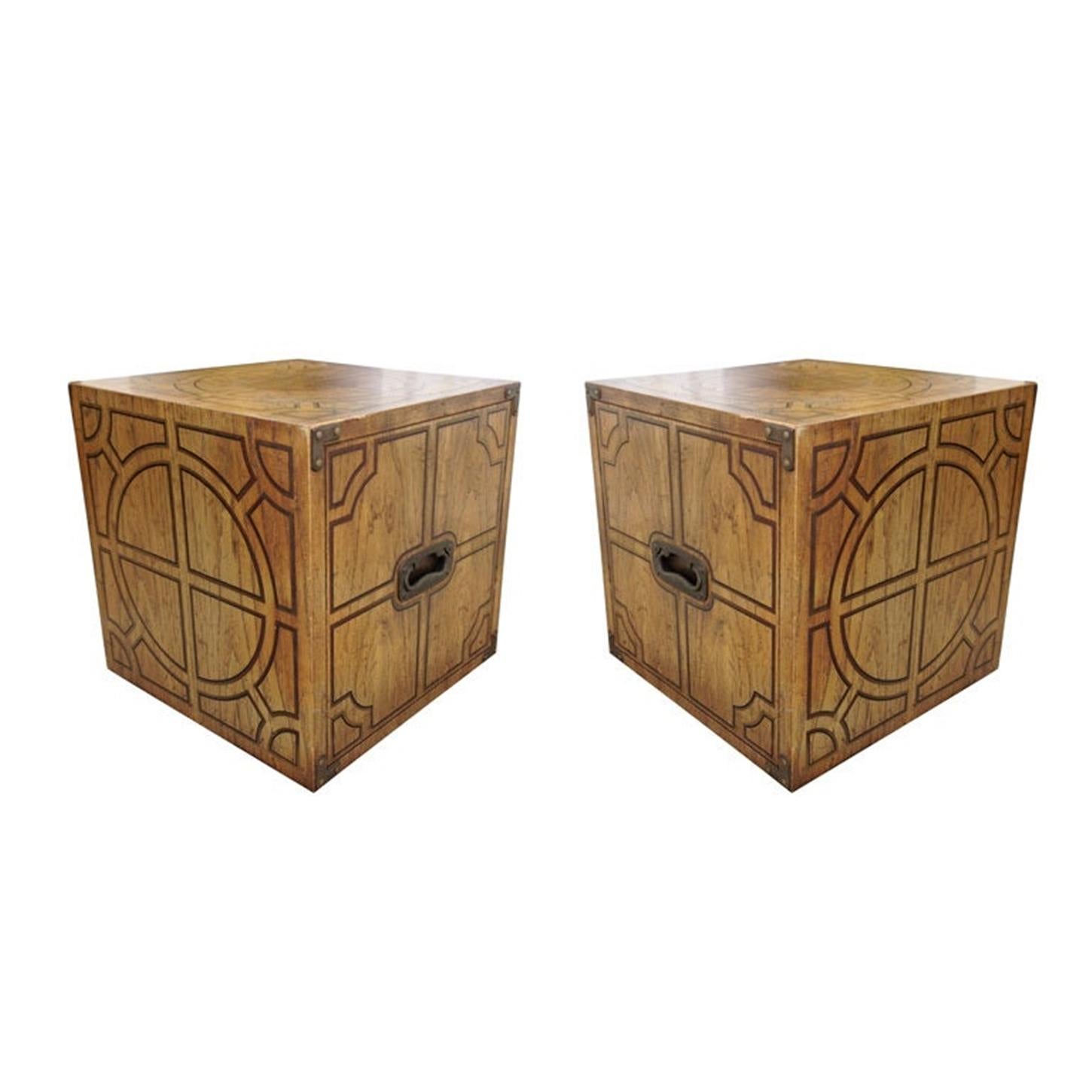 American Pair or Decorative Side Tables/Cubes with Geometric Design