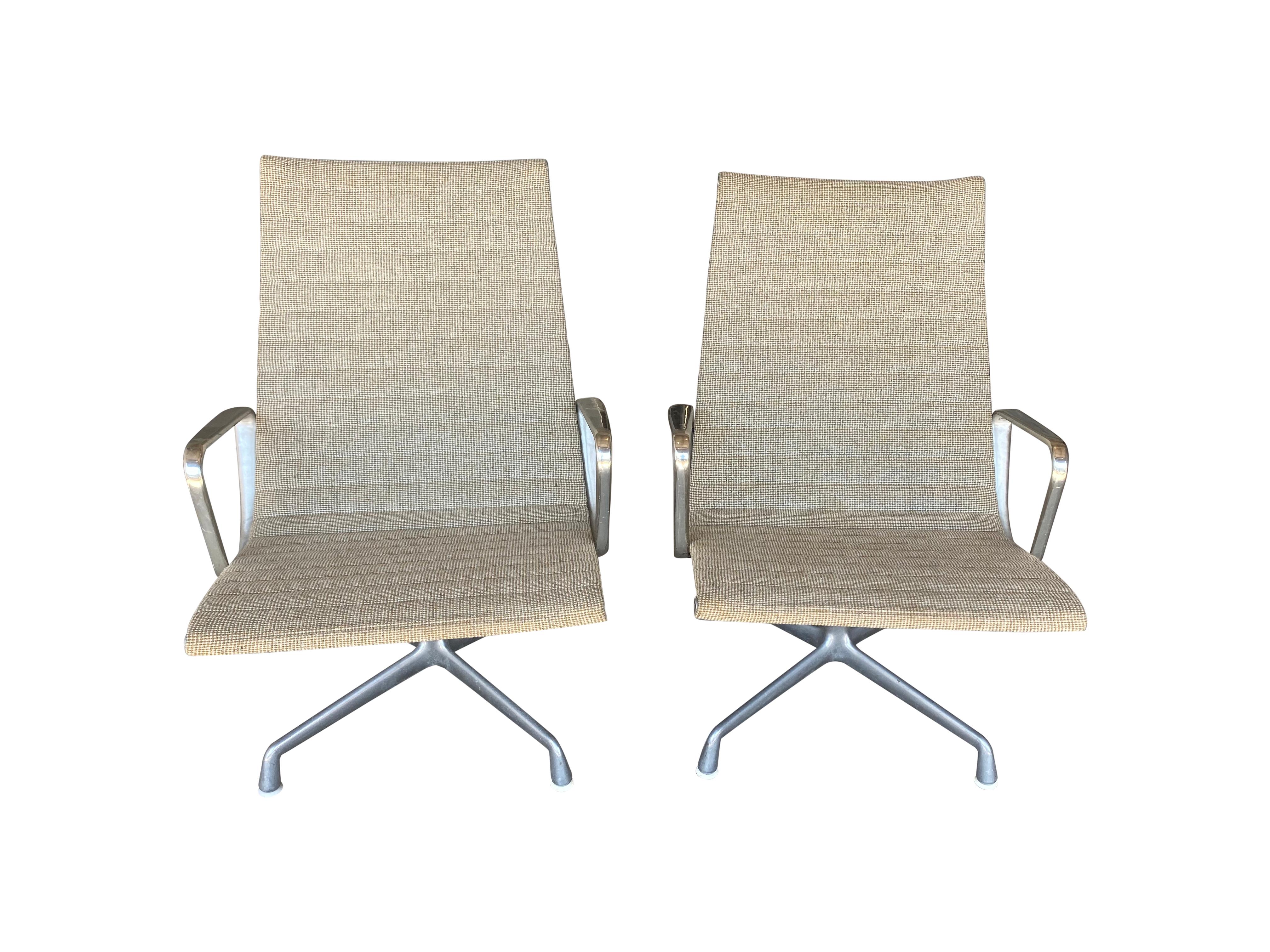 Mid-Century Modern Pair or Eames Aluminum Group Lounge Chairs with Alexander Girard Textile