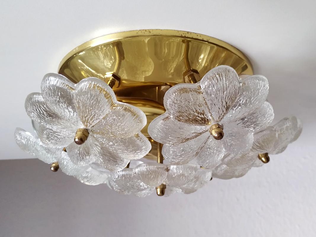German Pair or Floral Glass and Brass Wall Ceiling Lights Flush Mounts Sconces, 1960s