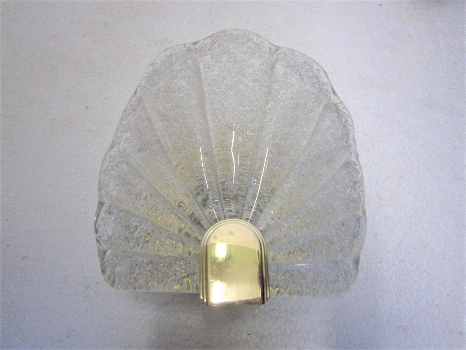 Pair or Four Midcentury Murano Glass Seashell Sconces in Brass Frames 9