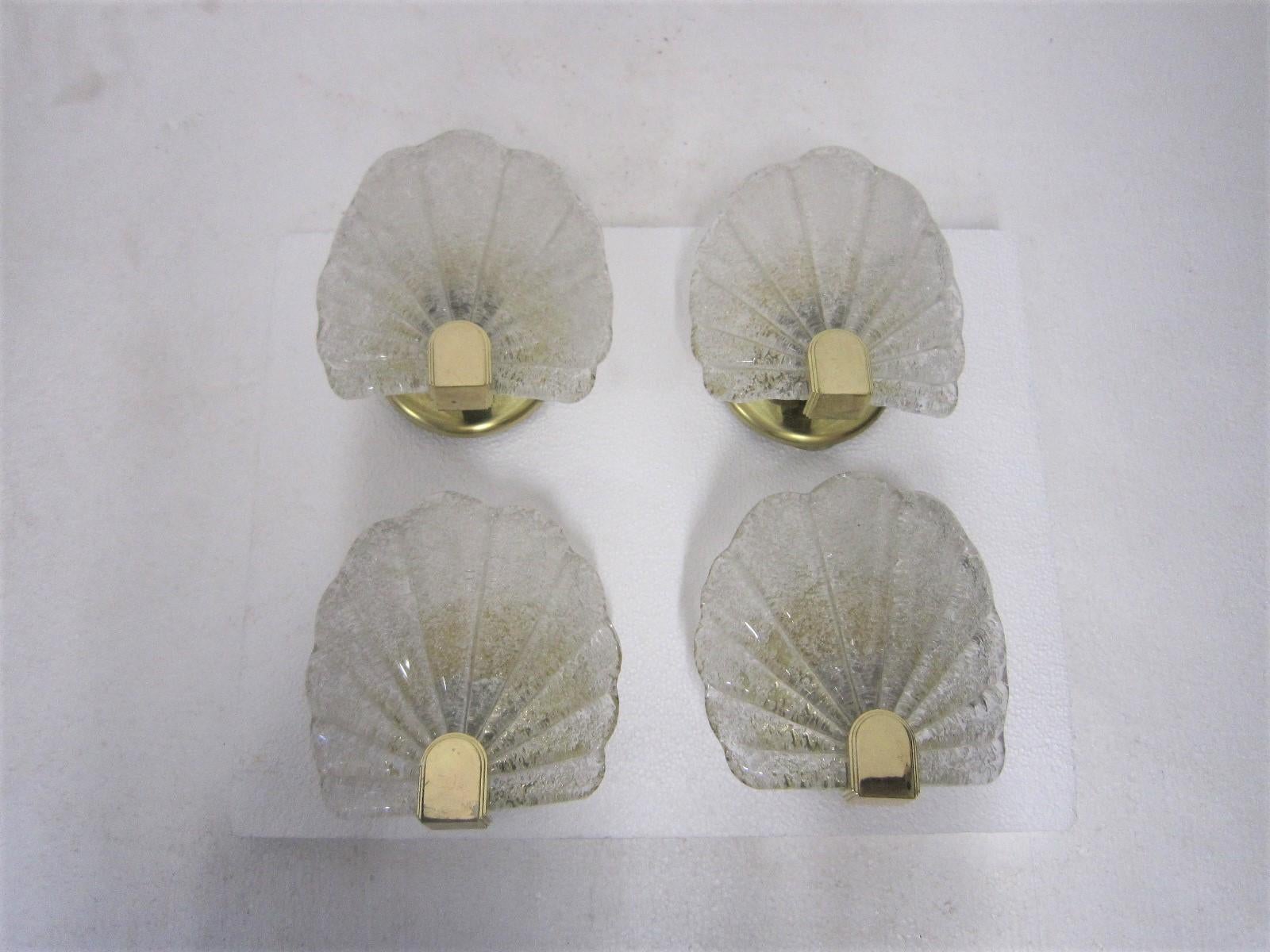 Pair or Four Midcentury Murano Glass Seashell Sconces in Brass Frames 11