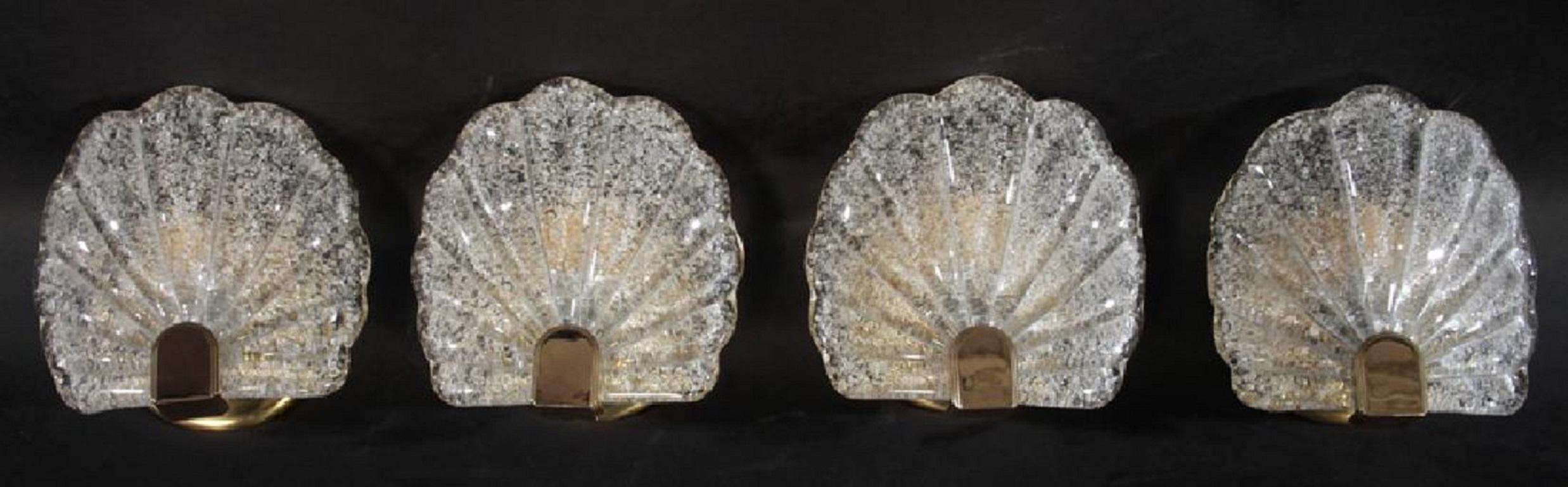 Mid-Century Modern Pair or Four Midcentury Murano Glass Seashell Sconces in Brass Frames