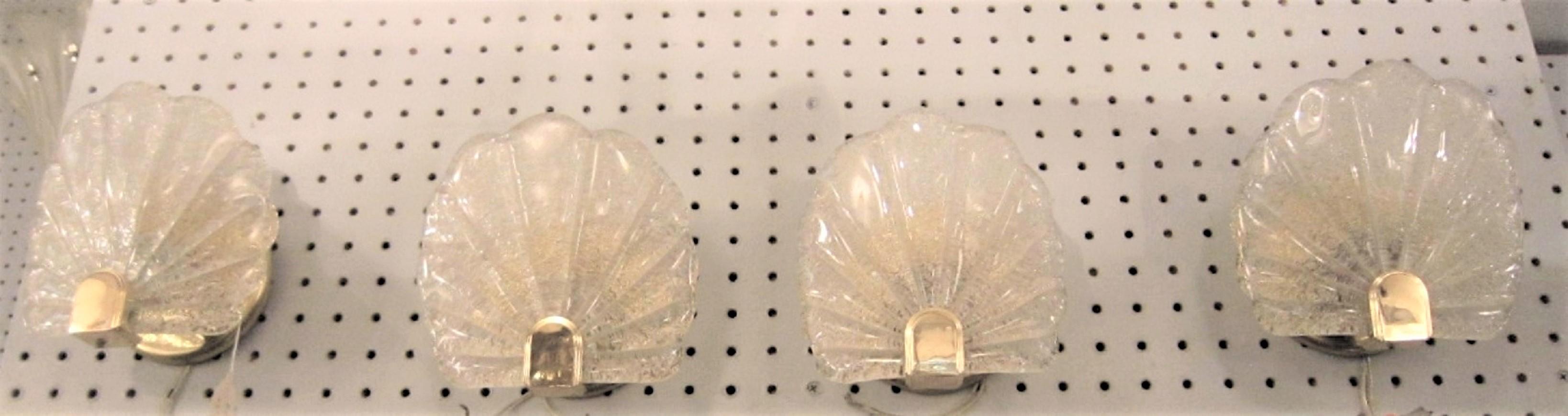 Italian Pair or Four Midcentury Murano Glass Seashell Sconces in Brass Frames