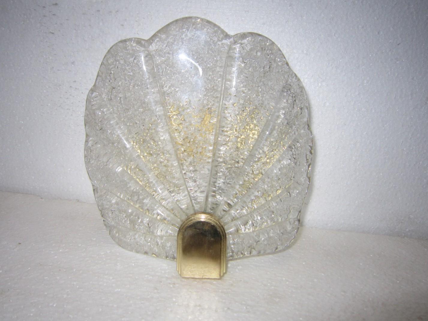 Pair or Four Midcentury Murano Glass Seashell Sconces in Brass Frames 1
