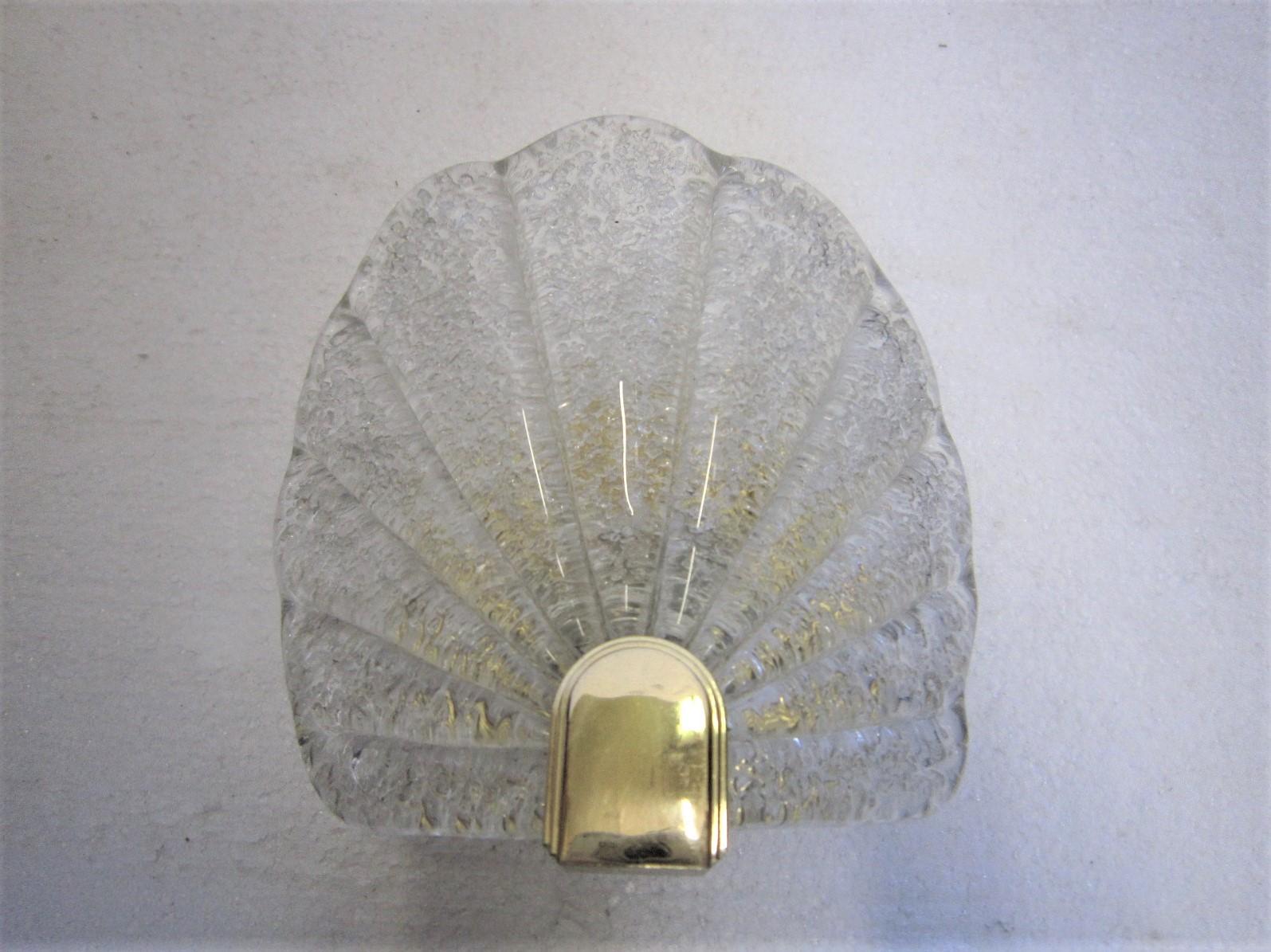 Pair or Four Midcentury Murano Glass Seashell Sconces in Brass Frames 2