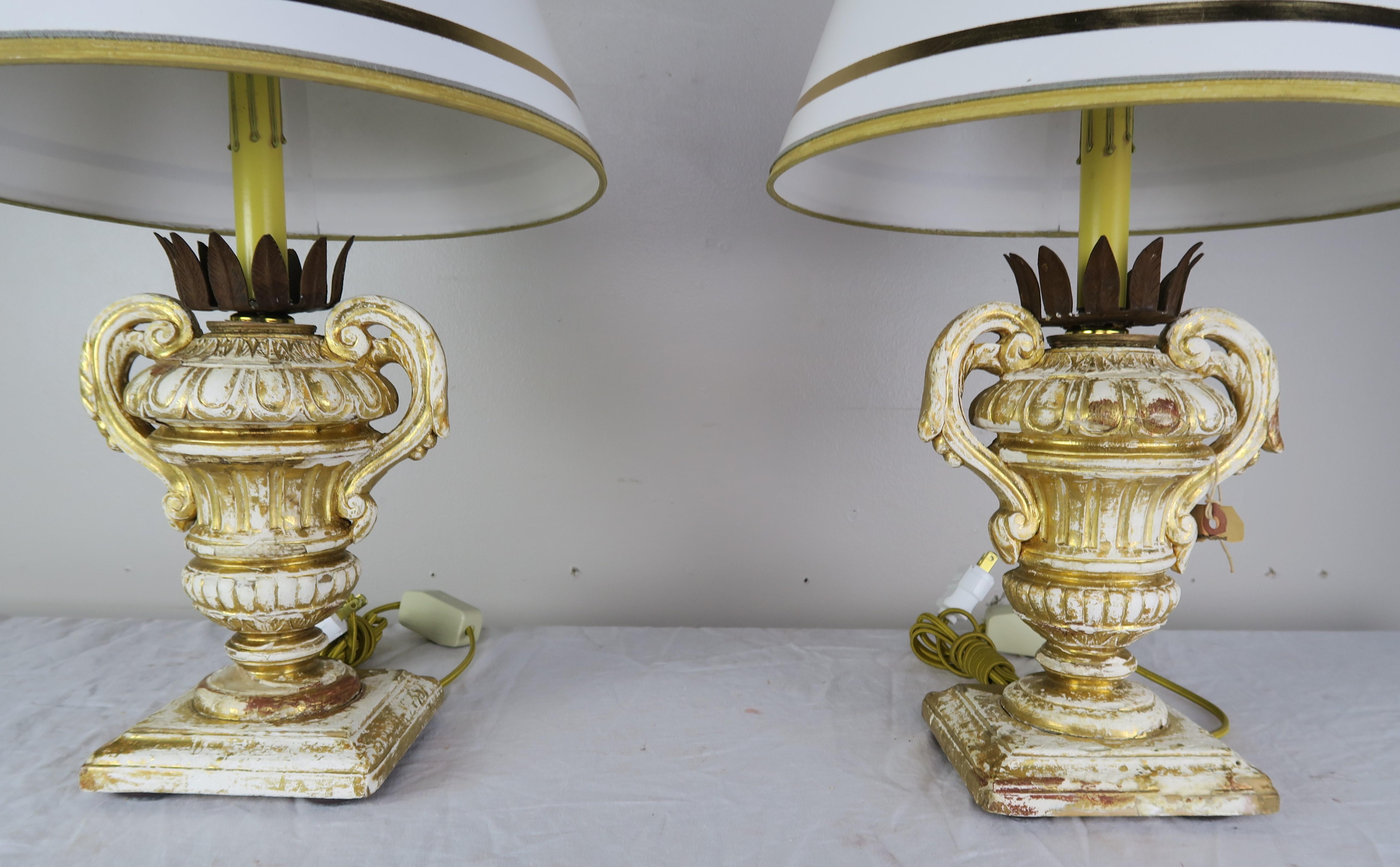 Louis XV Pair or French Carved Urn Lamps with Parchment Shades
