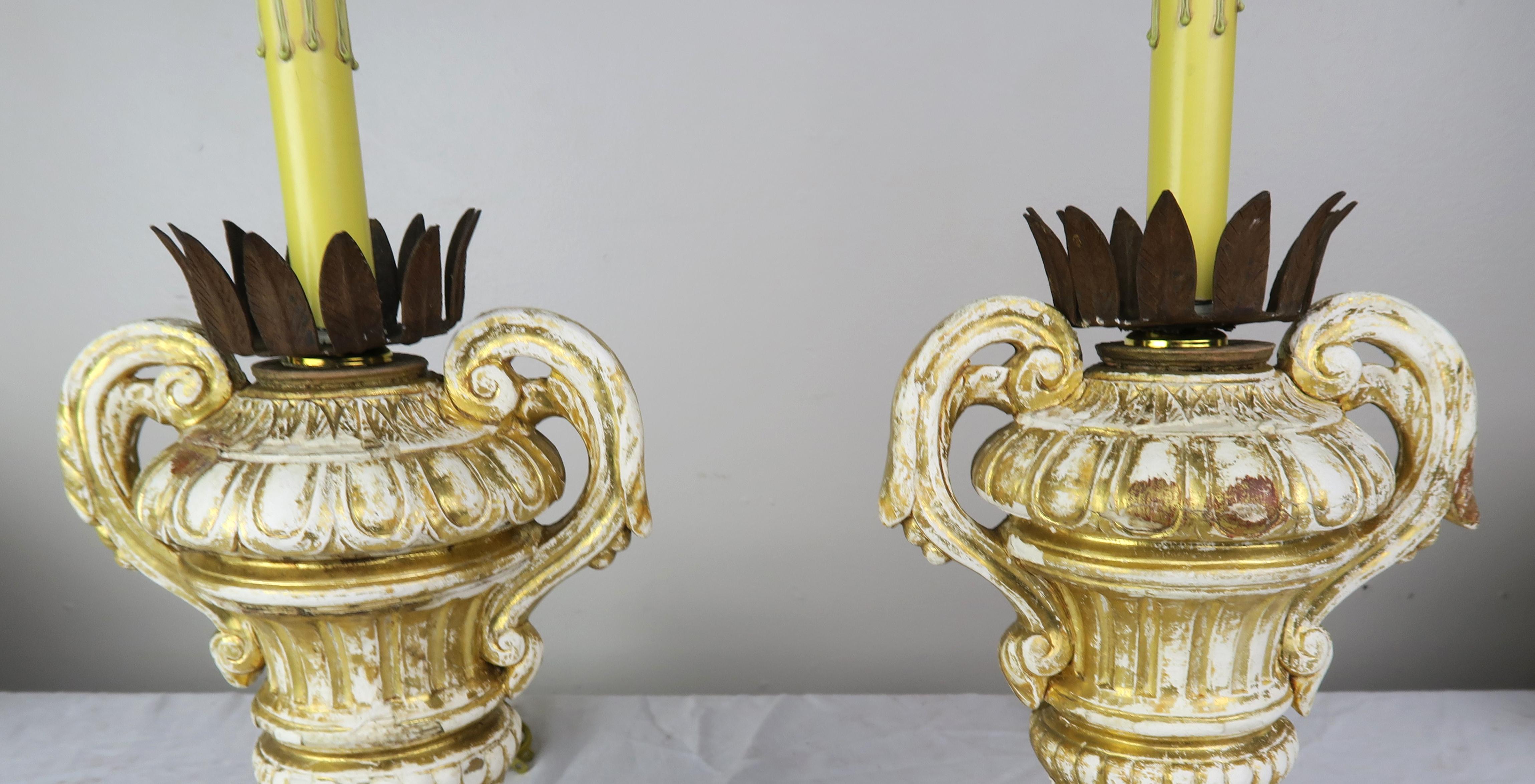 Pair or French Carved Urn Lamps with Parchment Shades In Distressed Condition In Los Angeles, CA