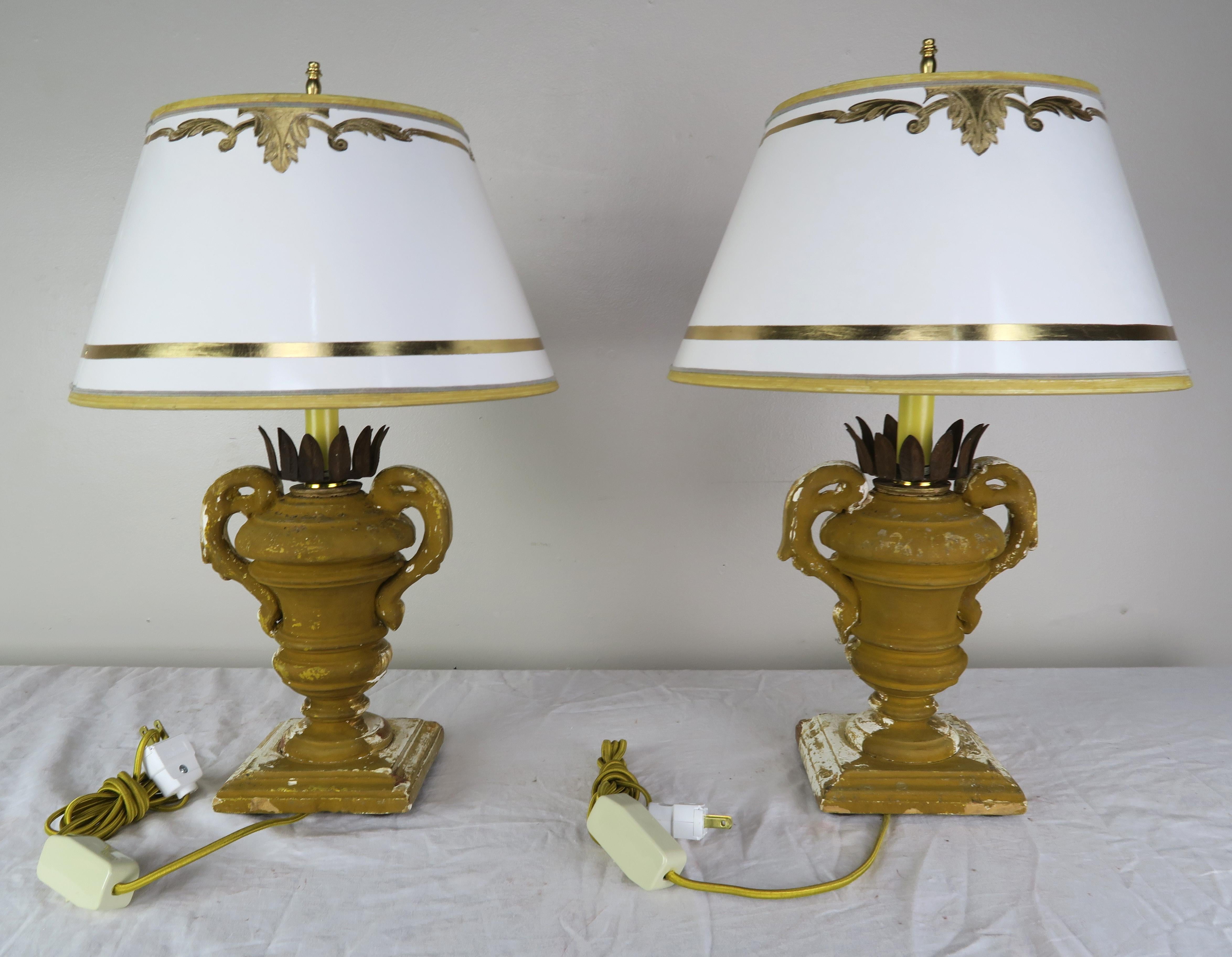 Mid-20th Century Pair or French Carved Urn Lamps with Parchment Shades