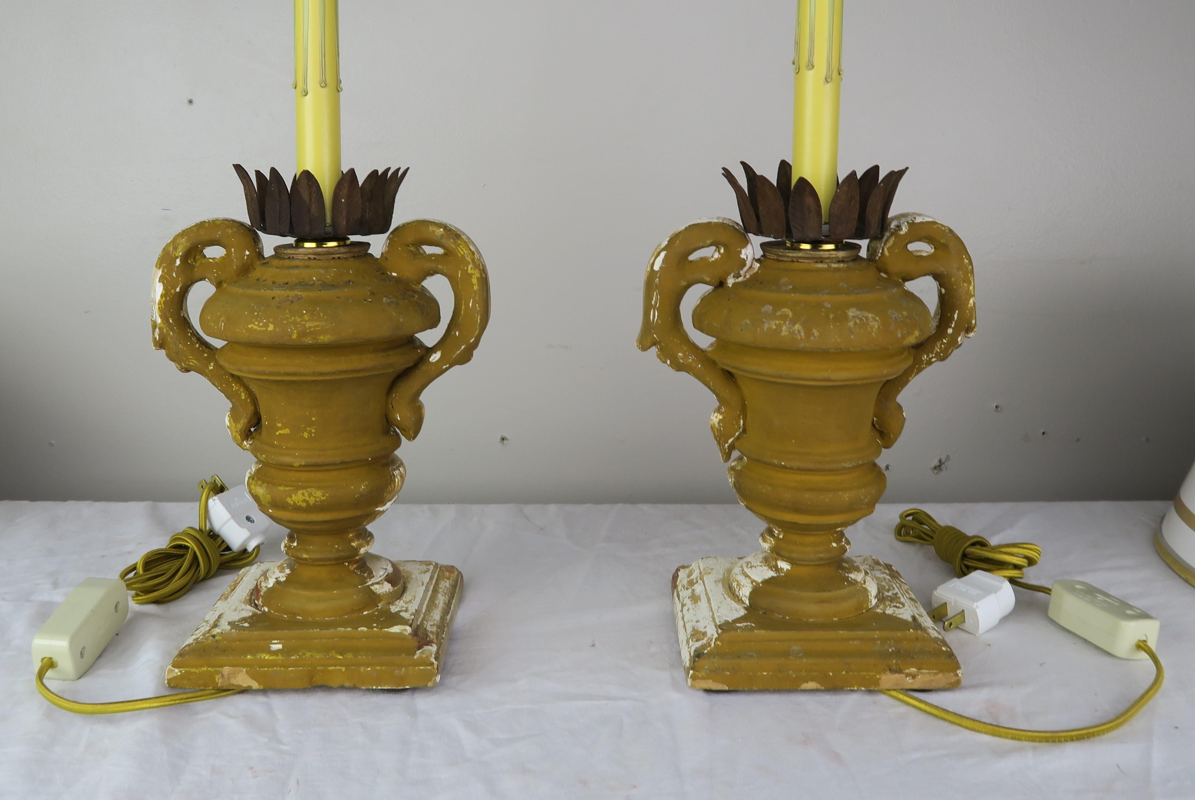 Wood Pair or French Carved Urn Lamps with Parchment Shades