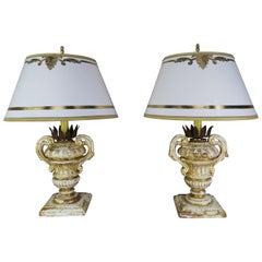 Pair or French Carved Urn Lamps with Parchment Shades