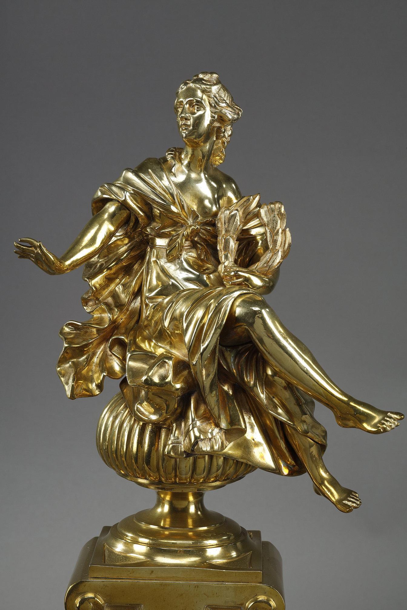 Pair or Louis XIV style andirons decorated with seated Muses For Sale 5