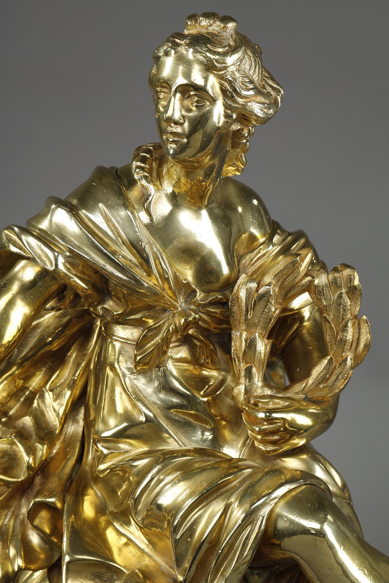Pair or Louis XIV style andirons decorated with seated Muses For Sale 7