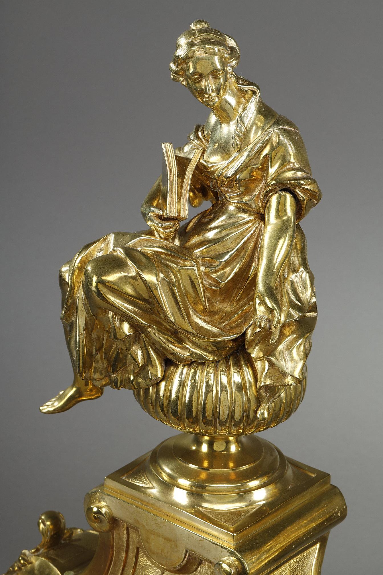 Pair or Louis XIV style andirons decorated with seated Muses For Sale 10