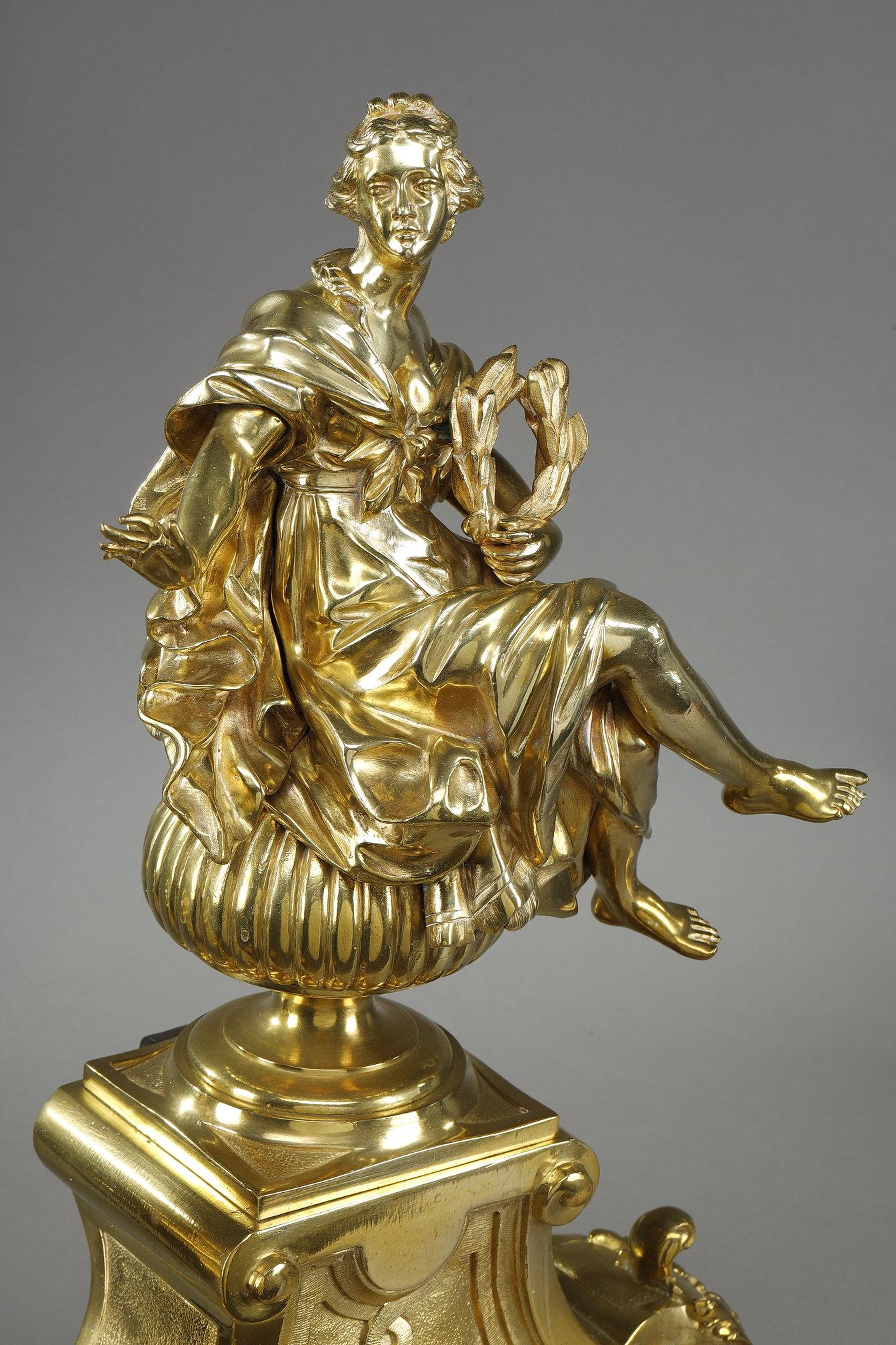 Pair or Louis XIV style andirons decorated with seated Muses For Sale 11