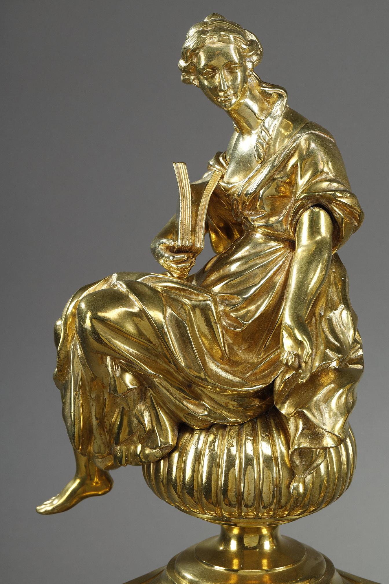 Pair or Louis XIV style andirons decorated with seated Muses For Sale 13