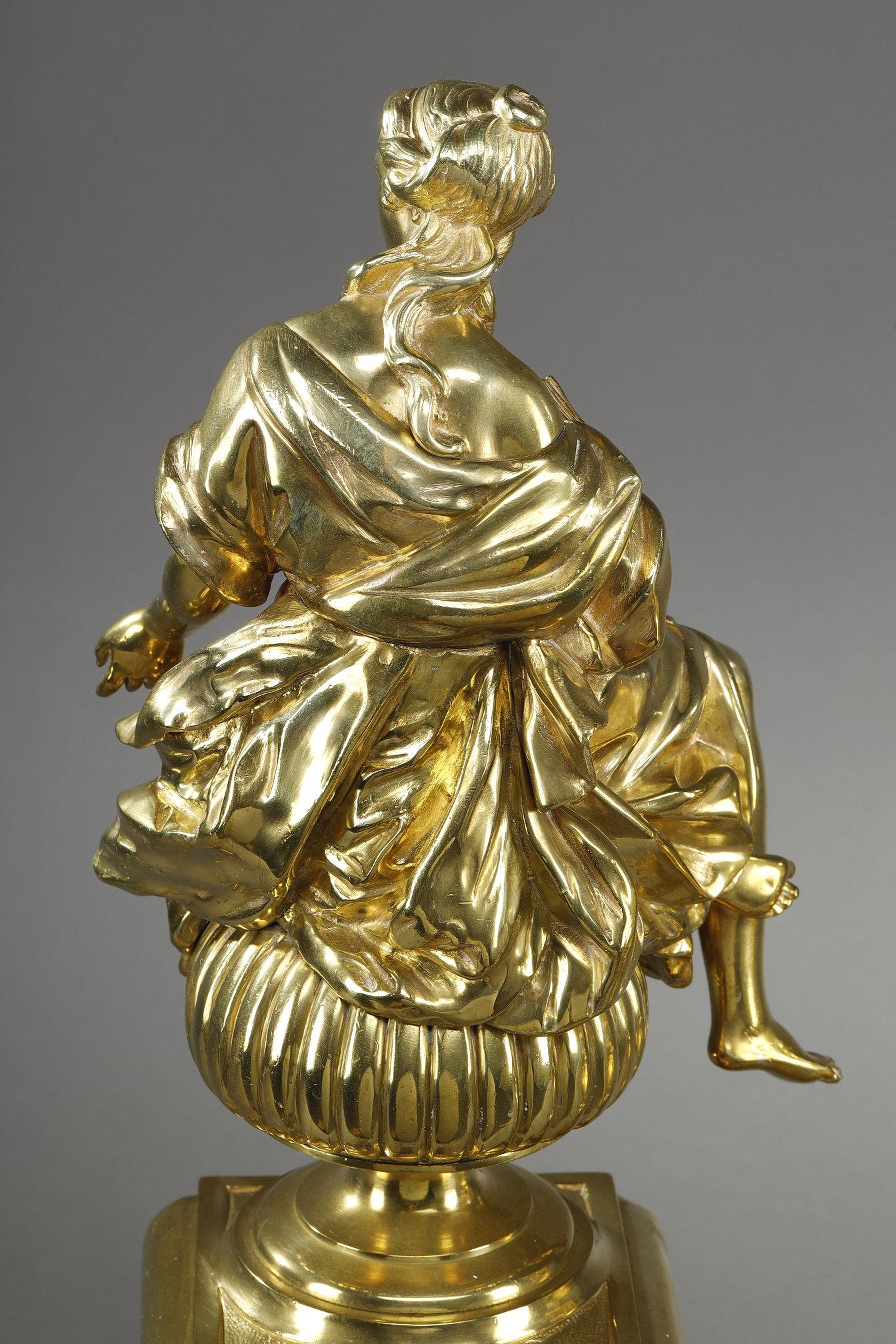 Pair or Louis XIV style andirons decorated with seated Muses For Sale 14