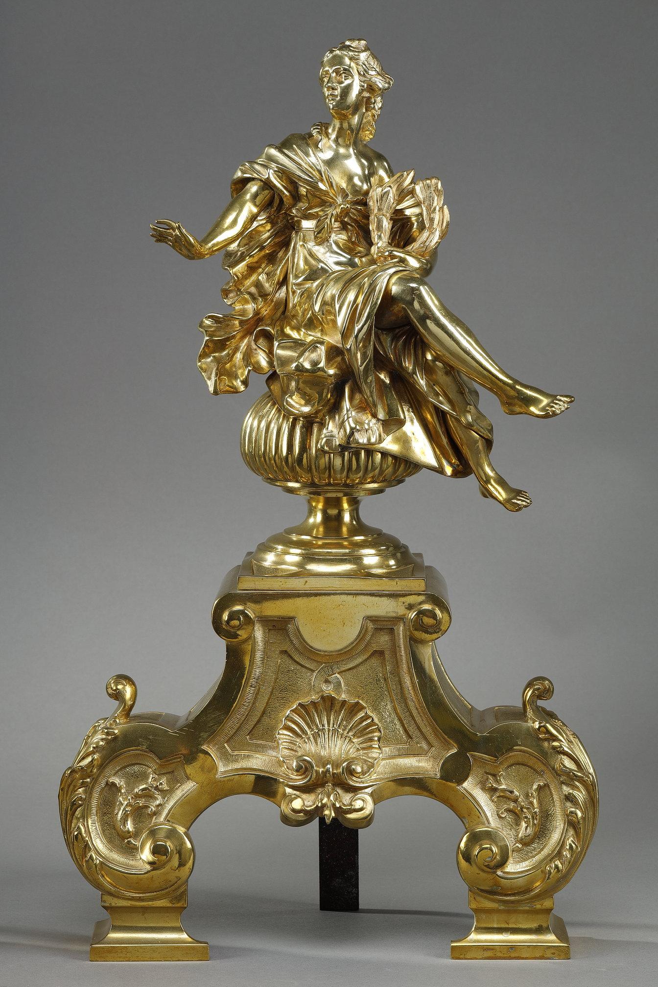 Bronze Pair or Louis XIV style andirons decorated with seated Muses For Sale