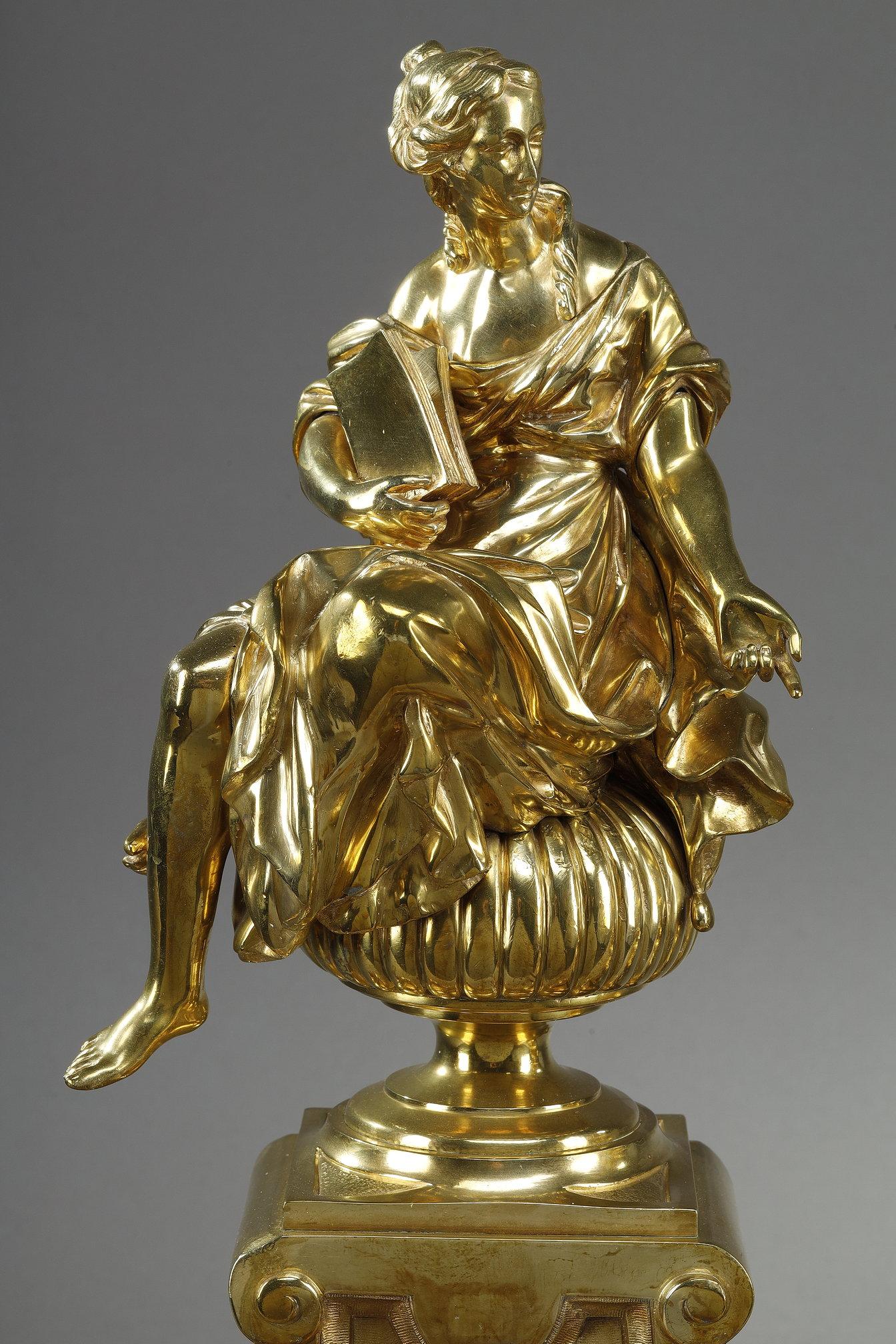 Pair or Louis XIV style andirons decorated with seated Muses For Sale 1