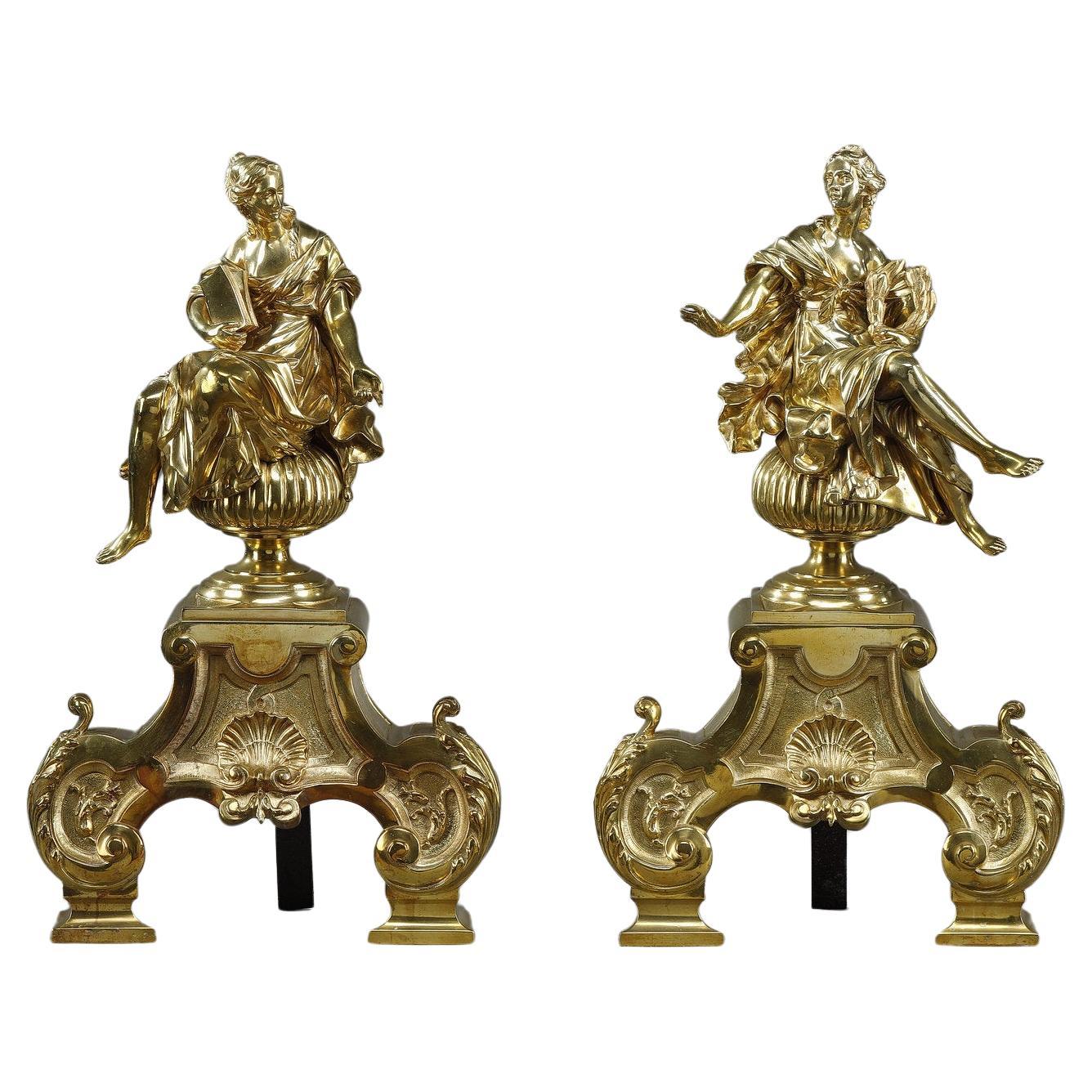 Pair or Louis XIV style andirons decorated with seated Muses  For Sale