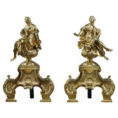 Antique Pair or Louis XIV style andirons decorated with seated Muses 