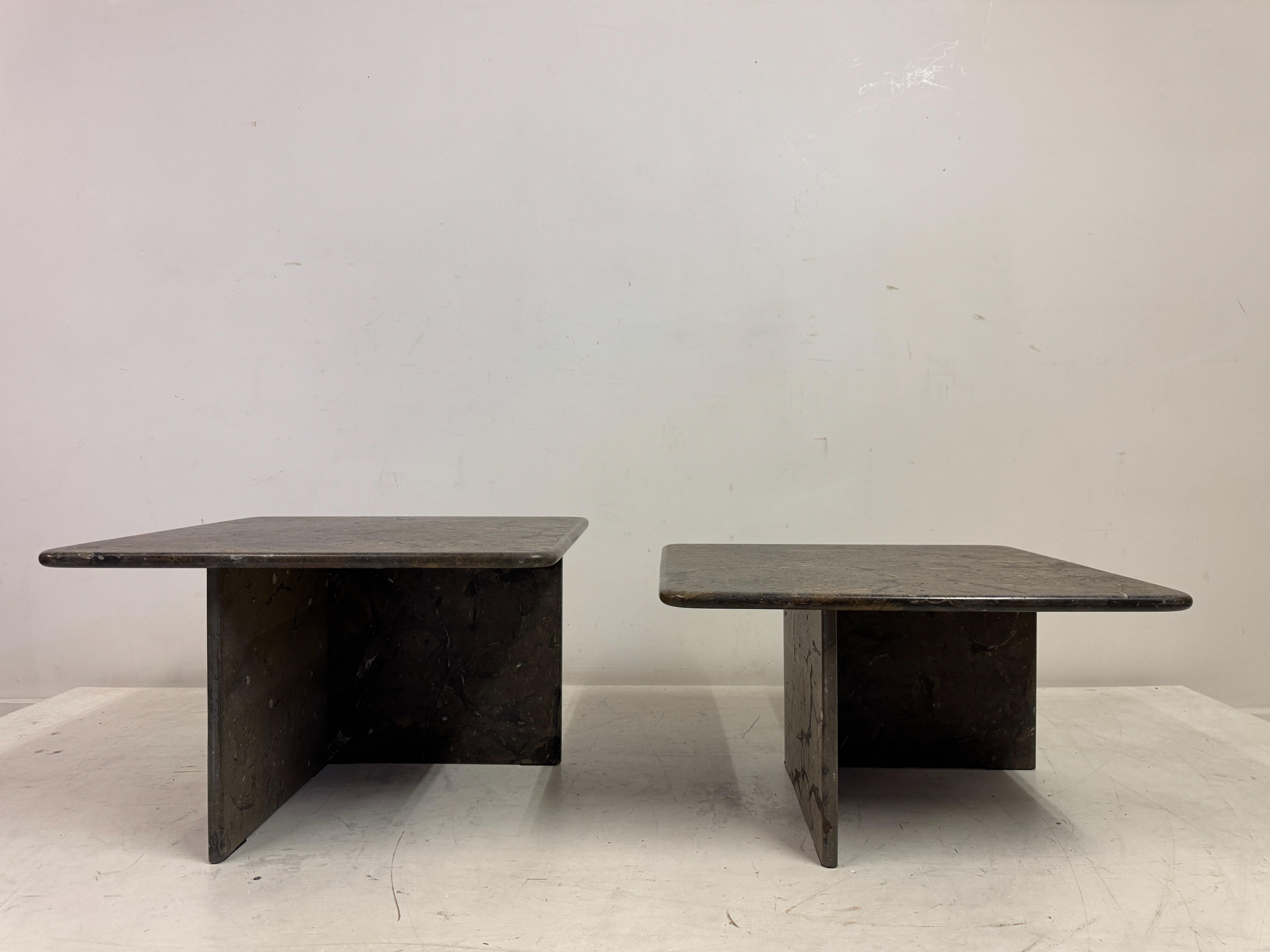Brutalist Pair or Nest of Fossil Stone Coffee Tables For Sale