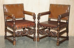 PAIR OR ORNATELY HAND CARVED ANTIQUE JACOBEAN REVIVAL EDWARDIAN THRONE ARMCHAIRs