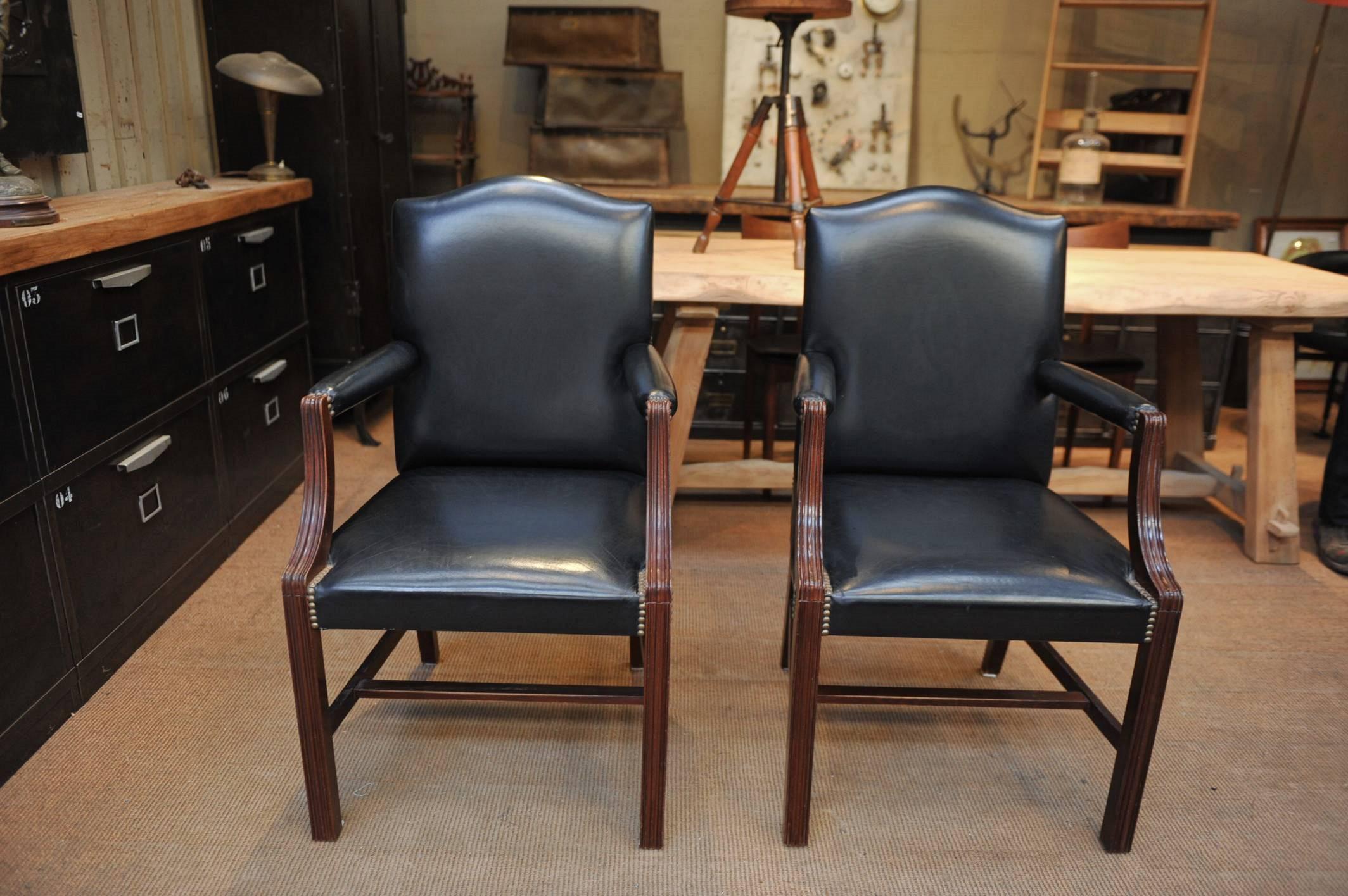 Belgian Pair of  De Coene Frères Leather and Wood Armchairs For Sale
