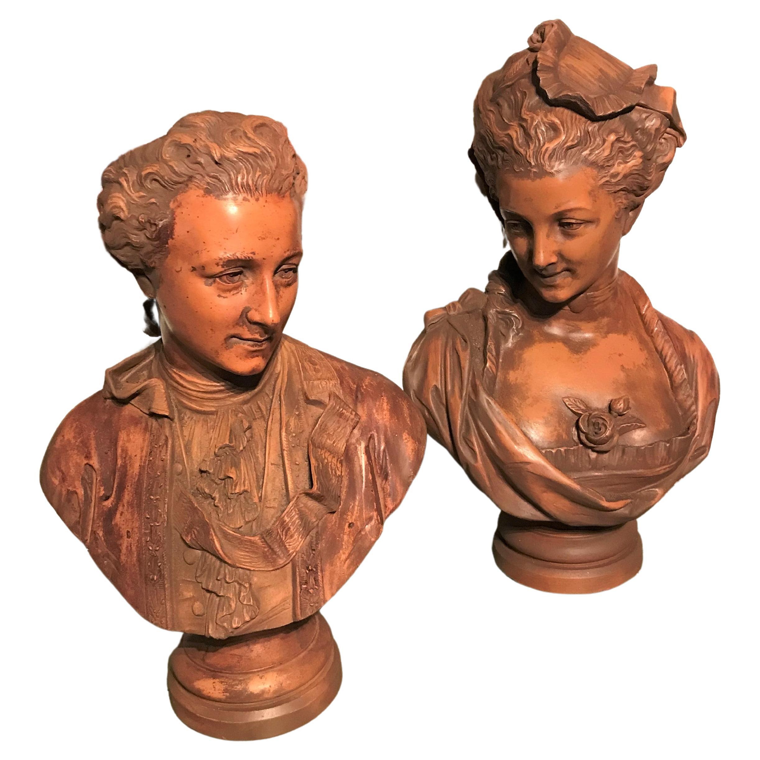 Trust lawyers instruct a sale . Busts possibly depicting young  Marie Antoinette and Louis Xvi i(or in turn possibly just a pair of young aristocrats ) in terracotta with very fine polished patina on neoclassical fluted and detailed pedestals .