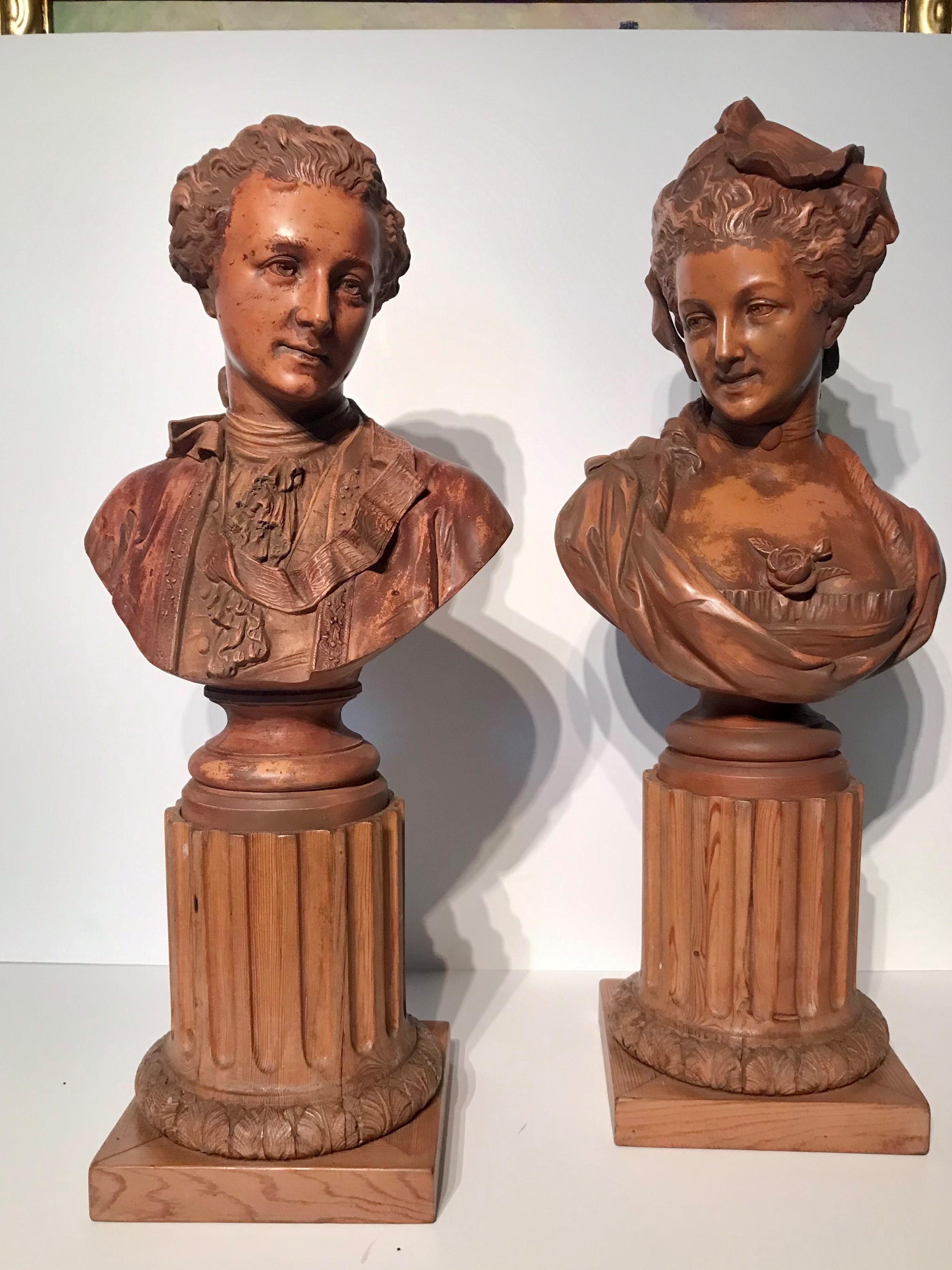 Louis XVI Pair or Set of French Grand Tour Terra Cotta Busts on Fluted Pine Bases