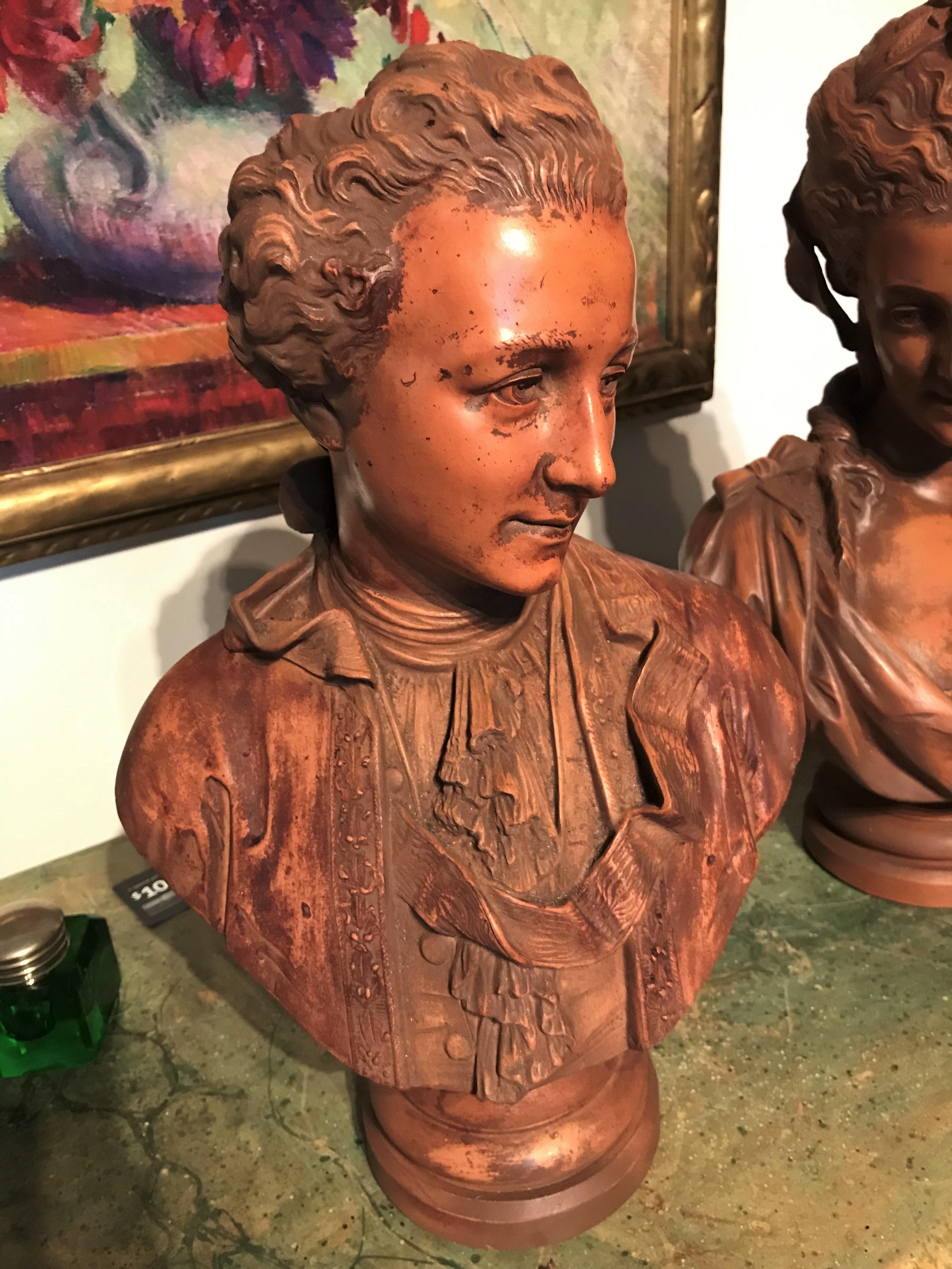 Pair or Set of French Grand Tour Terra Cotta Busts on Fluted Pine Bases In Good Condition In Nashville, TN