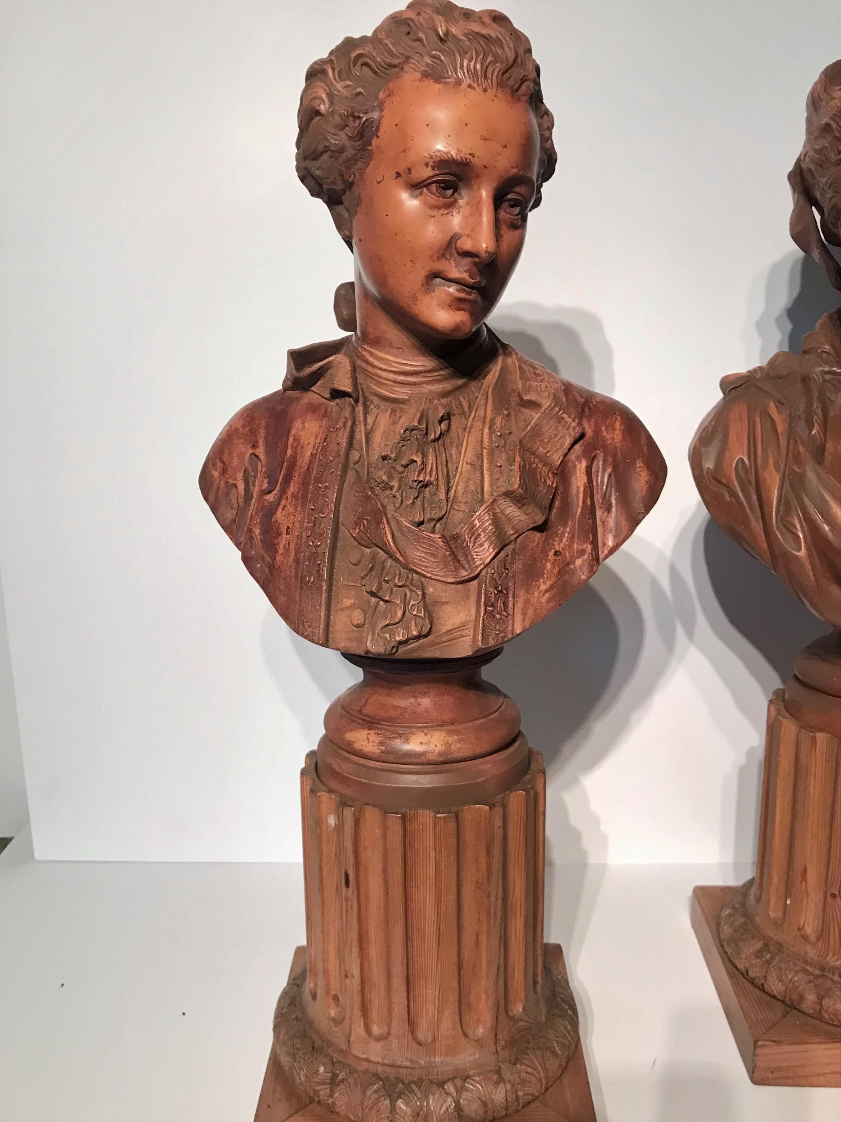 20th Century Pair or Set of French Grand Tour Terra Cotta Busts on Fluted Pine Bases