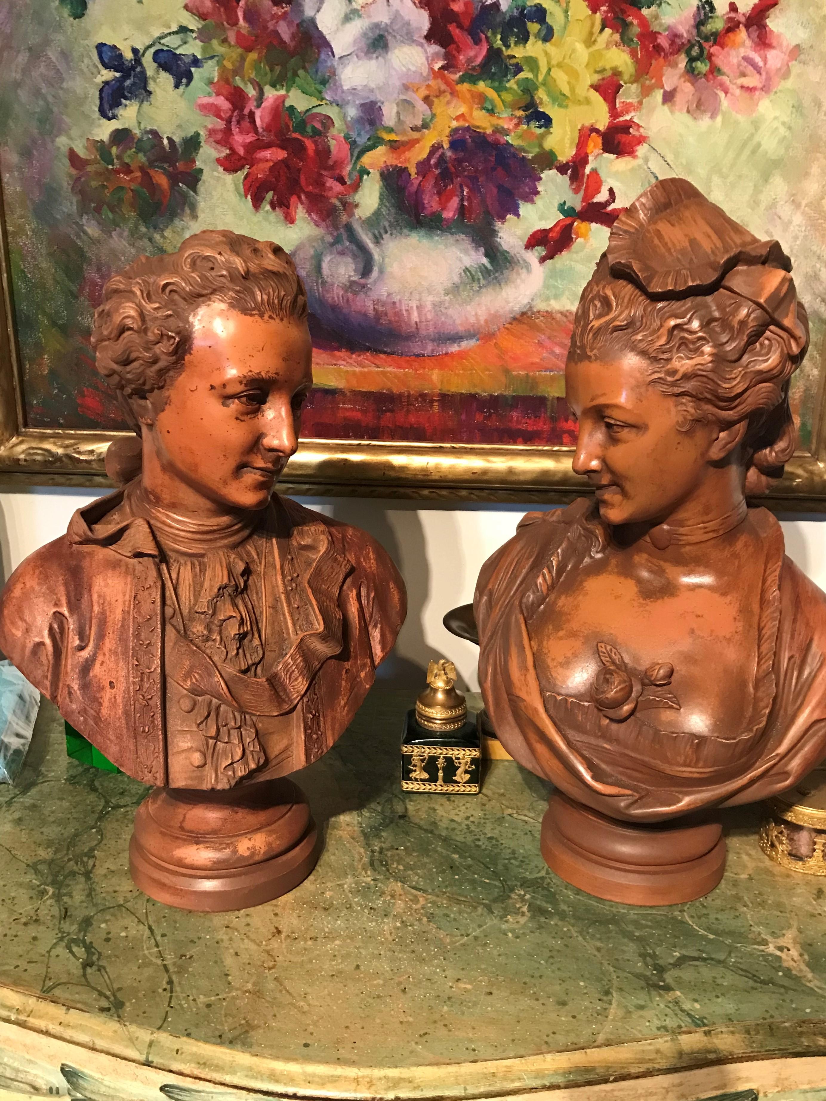Pair or Set of French Grand Tour Terra Cotta Busts on Fluted Pine Bases 3