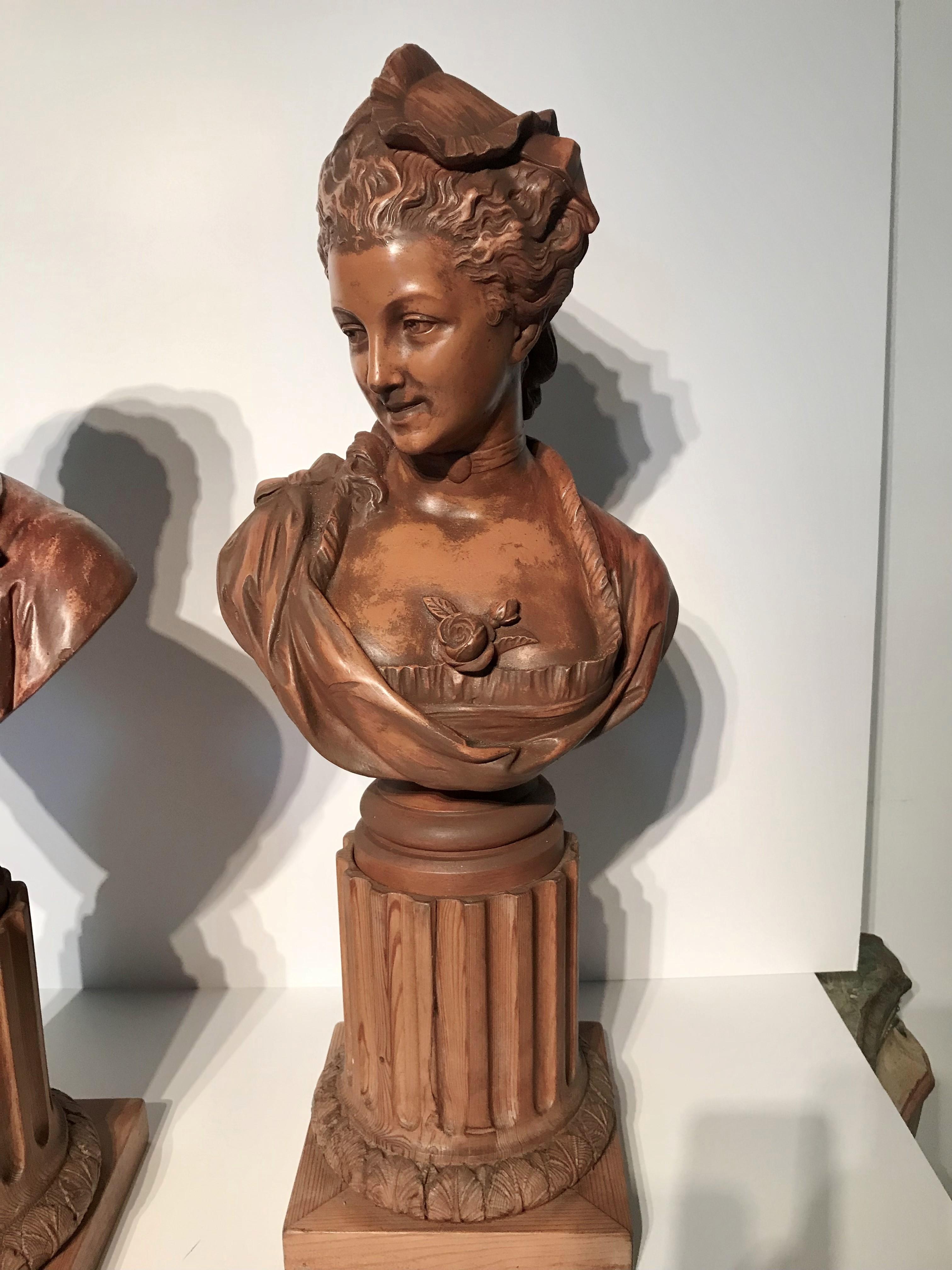 Pair or Set of French Grand Tour Terra Cotta Busts on Fluted Pine Bases 4
