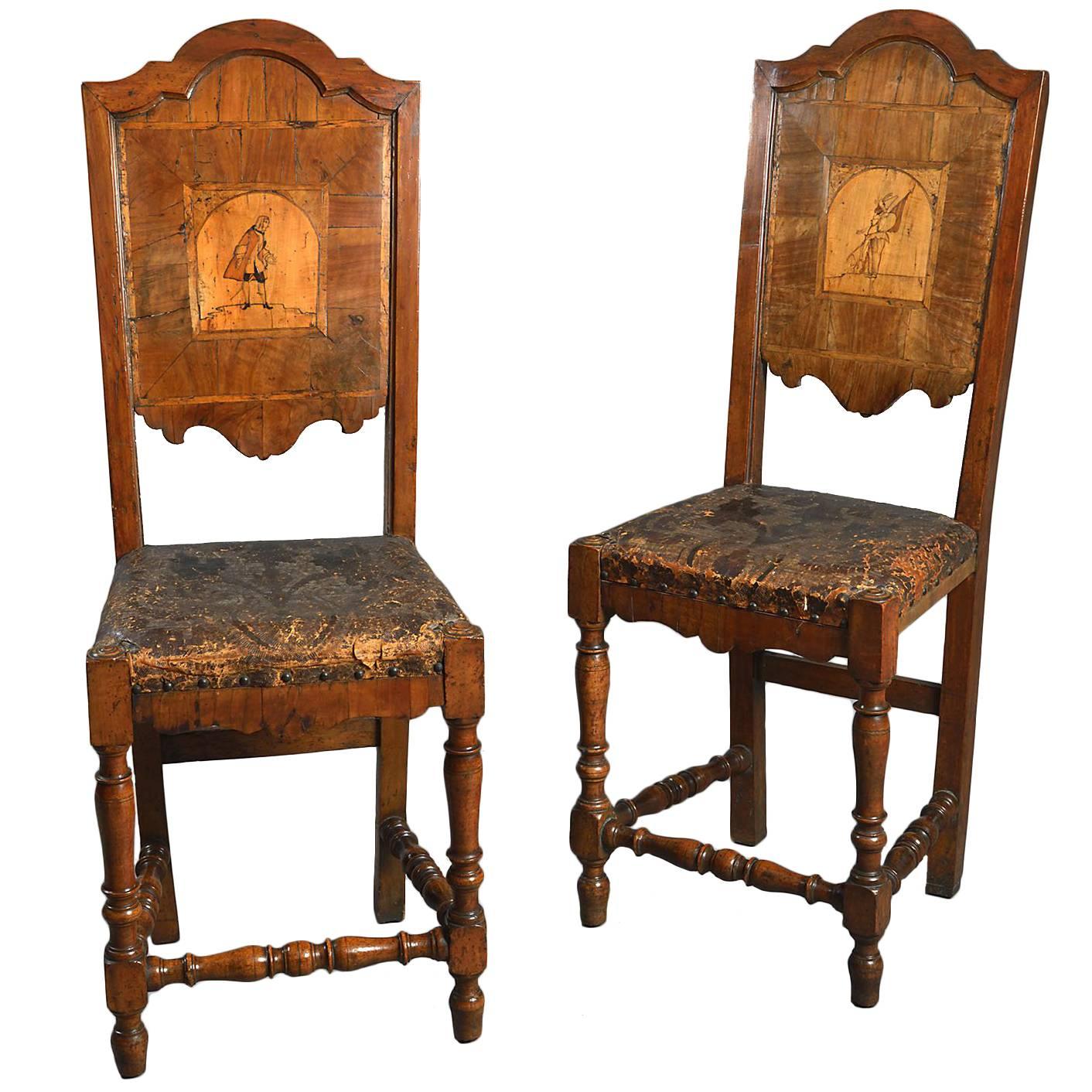 Pair or Set of Seven 18th Century North Italian Commedia del Arte Walnut Chairs For Sale