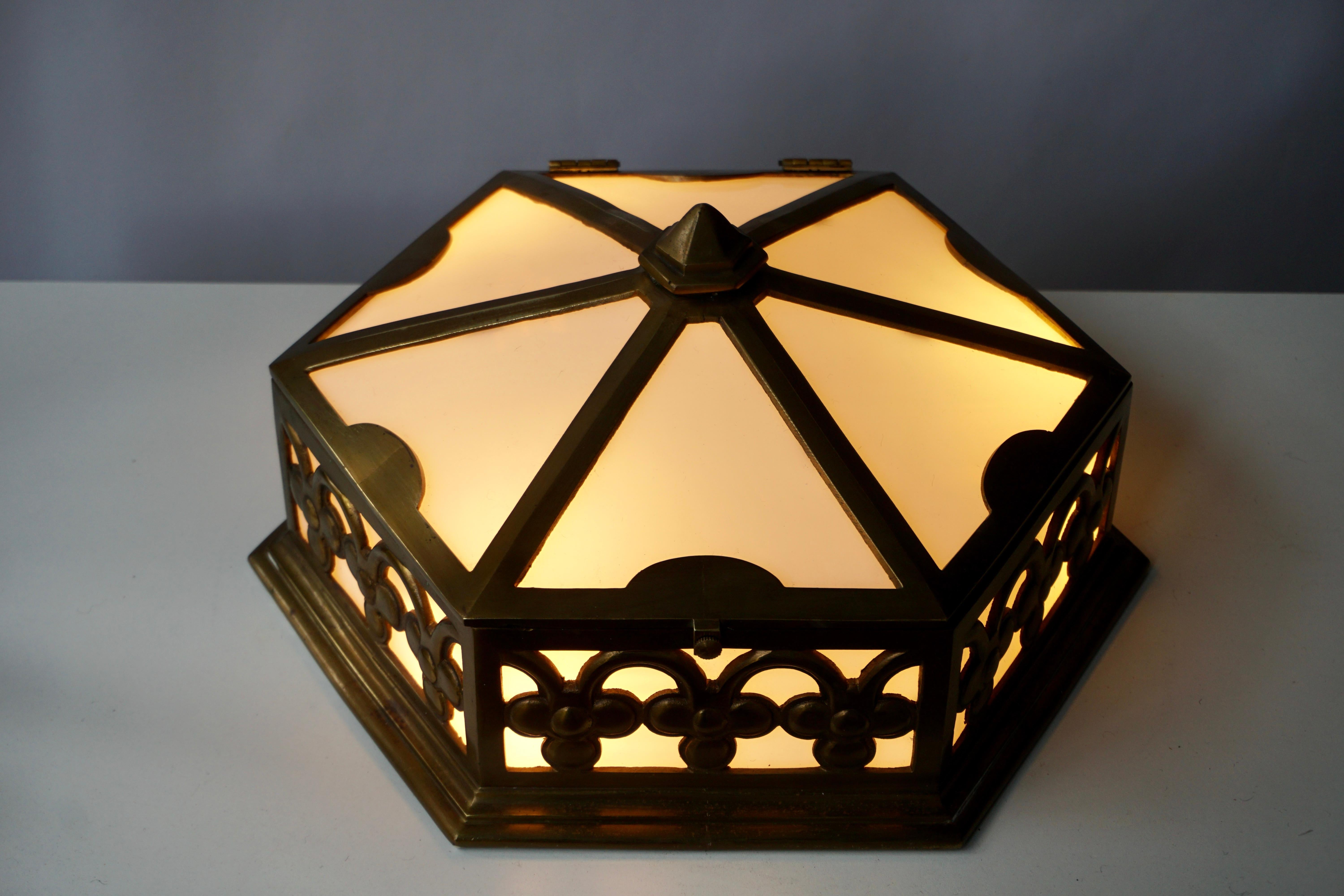 One of Two Single Art Deco Hexagonal Bronze and Plexiglass Flush Mount, Belgium For Sale 5