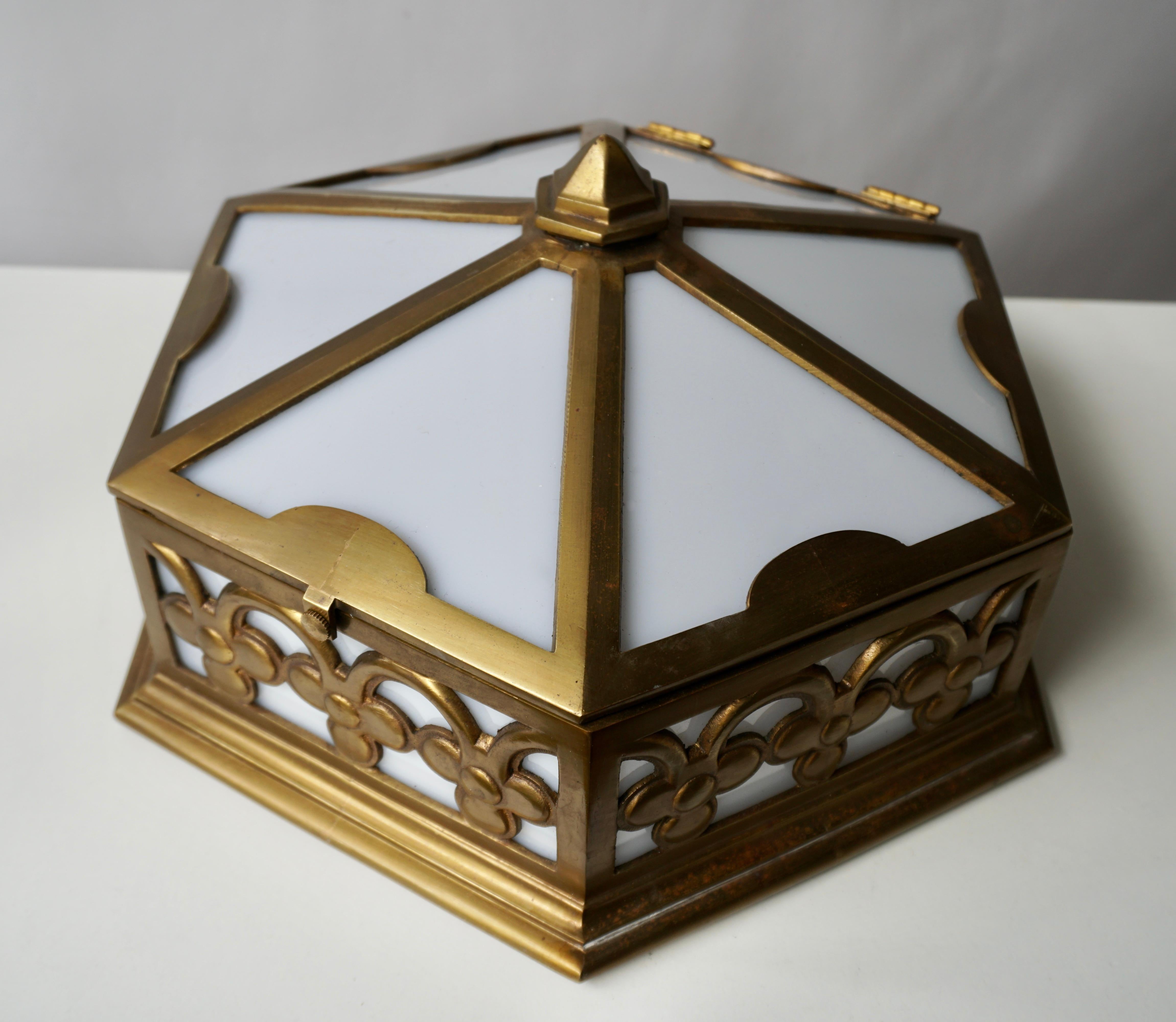 One of Two Single Art Deco Hexagonal Bronze and Plexiglass Flush Mount, Belgium In Good Condition In Antwerp, BE